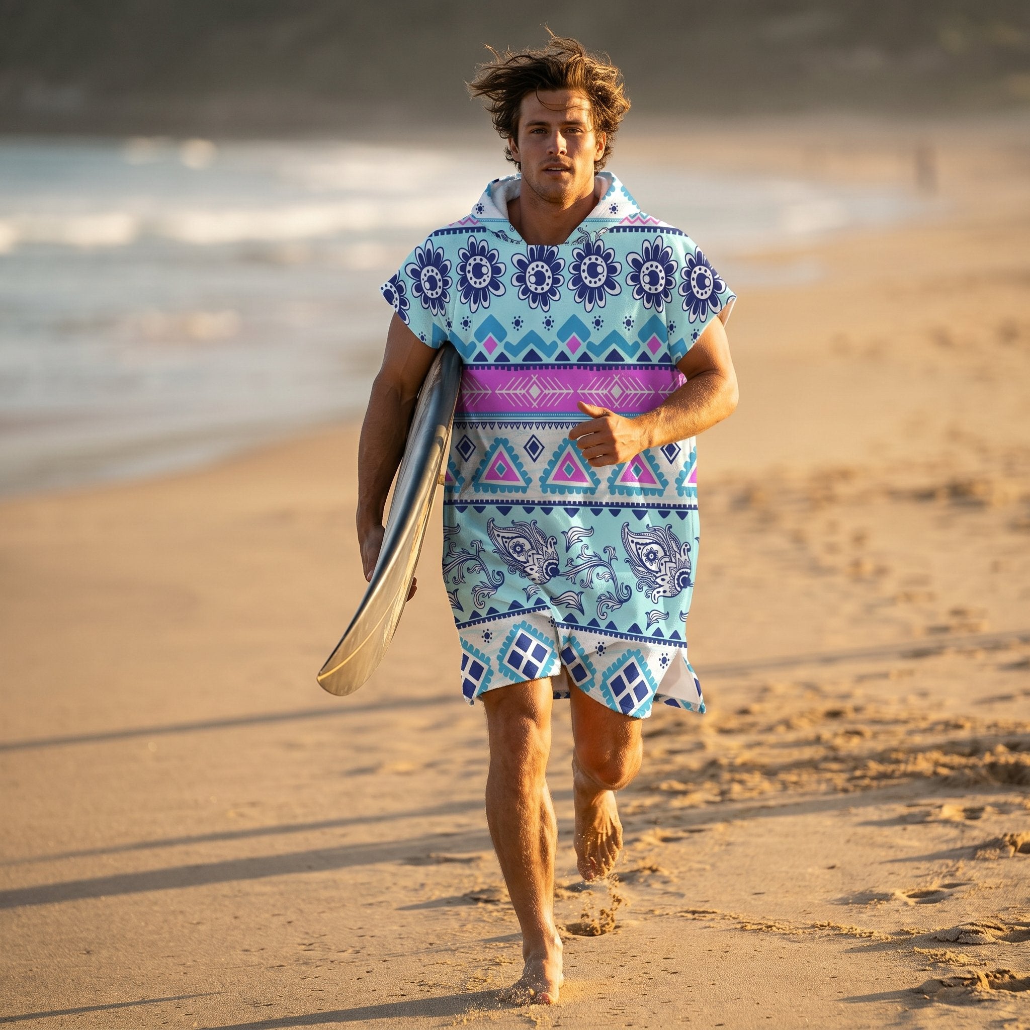 Poncho serviette à capuche adulte Ethnique turquoise porté à la plage