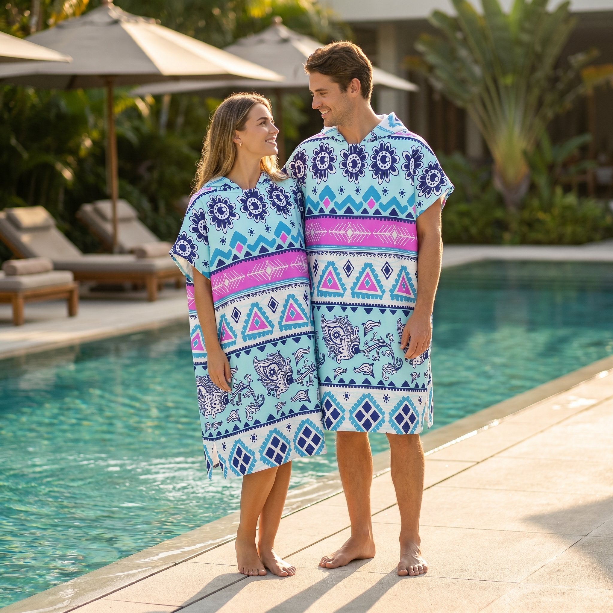 Poncho serviette à capuche adulte Ethnique turquoise porté au bord de la piscine