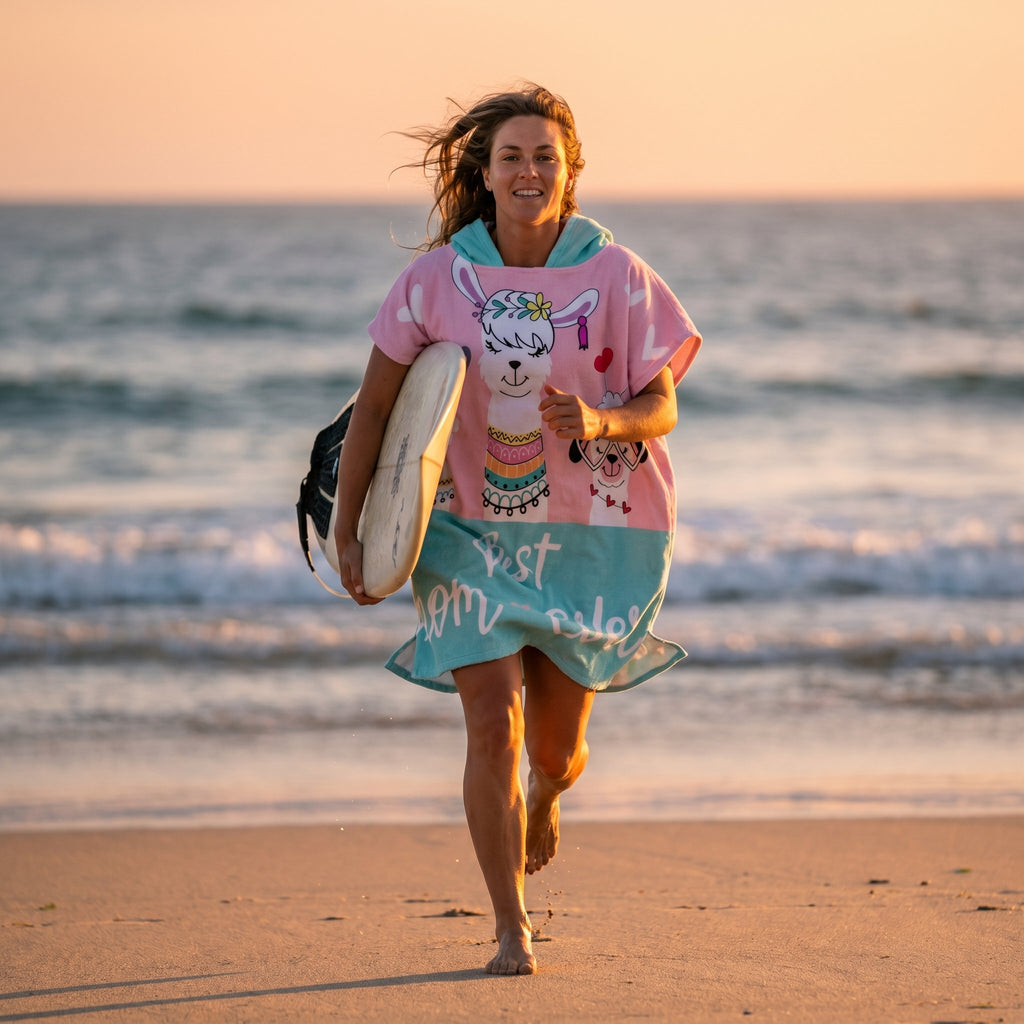 Poncho serviette à capuche adulte Lamas Best Mom porté à la plage