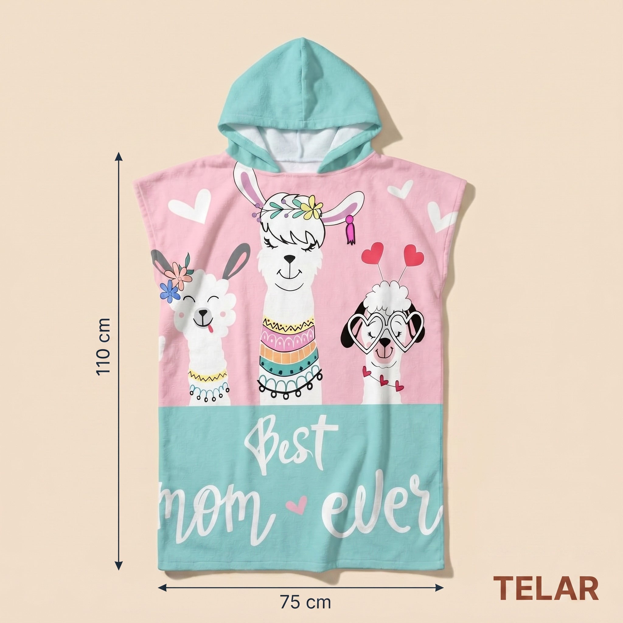 Poncho serviette à capuche adulte Lamas Best Mom : dimensions 75 x 110 cm