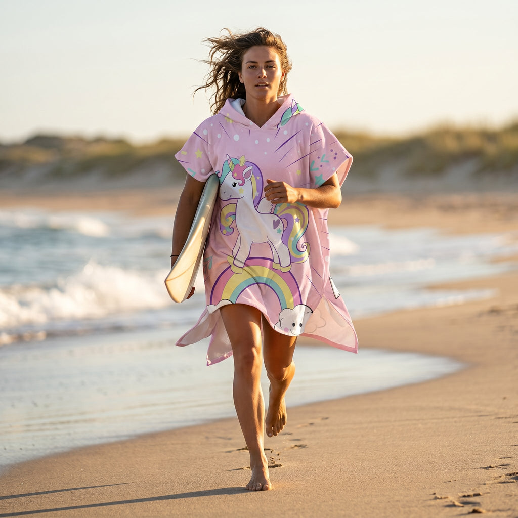 Poncho serviette à capuche adulte Licorne arc-en-ciel porté à la plage