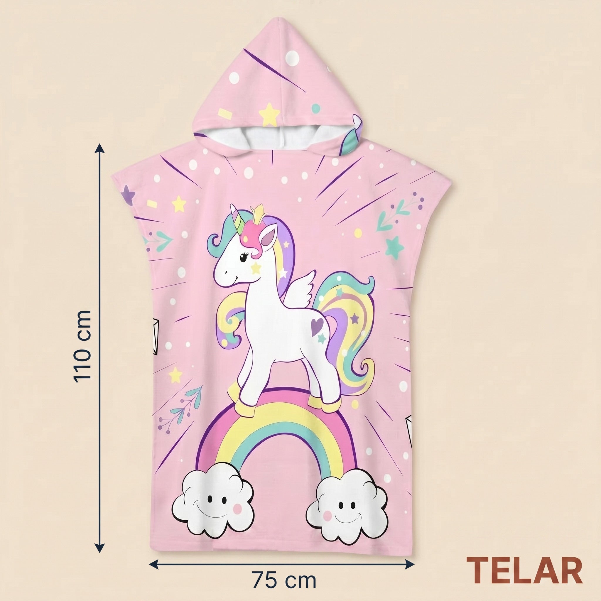 Poncho serviette à capuche adulte Licorne arc-en-ciel : dimensions 75 x 110 cm