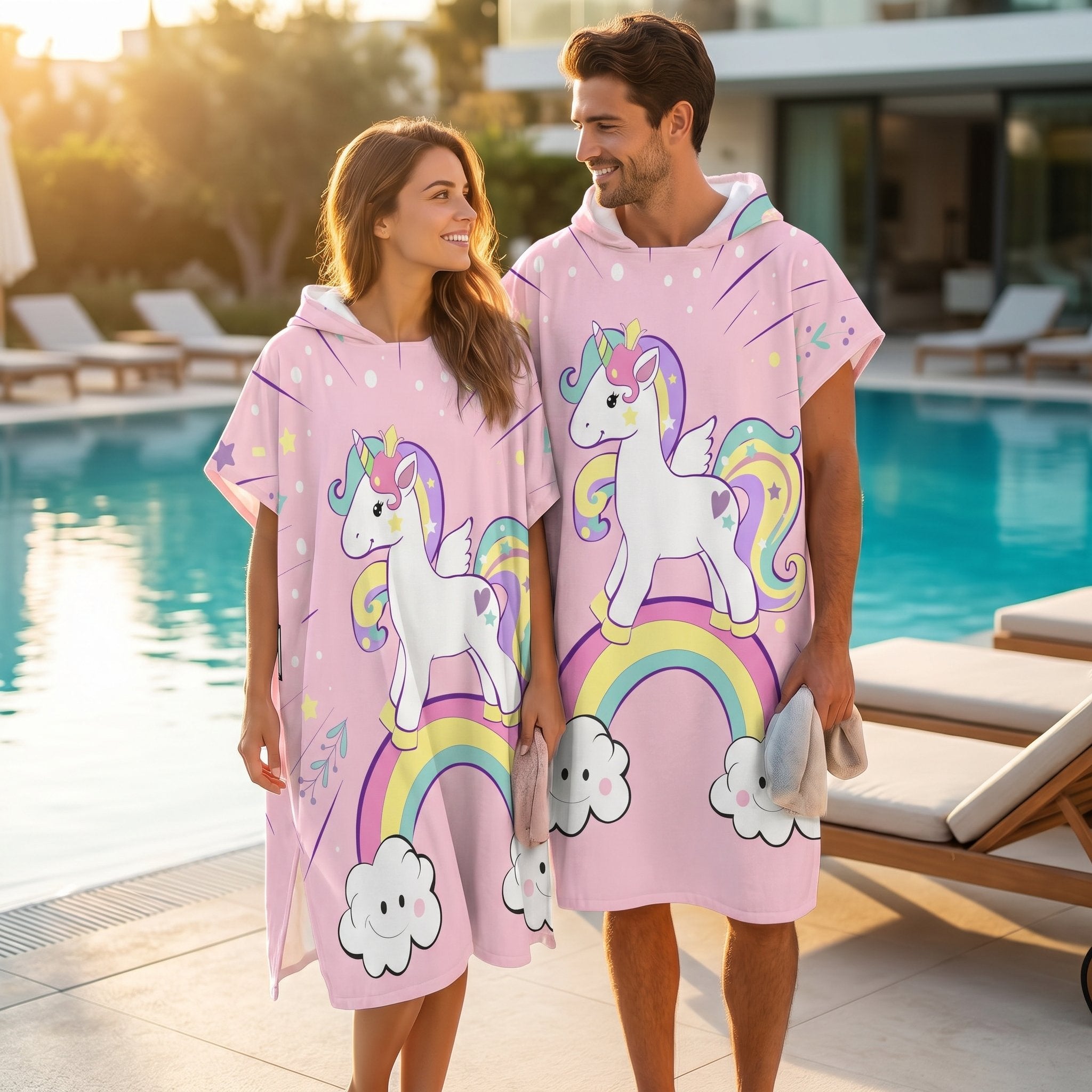Poncho serviette à capuche adulte Licorne arc-en-ciel porté au bord de la piscine