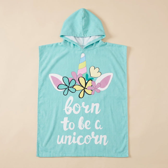 Poncho serviette à capuche adulte Licorne menthe : vue à plat sur fond crème