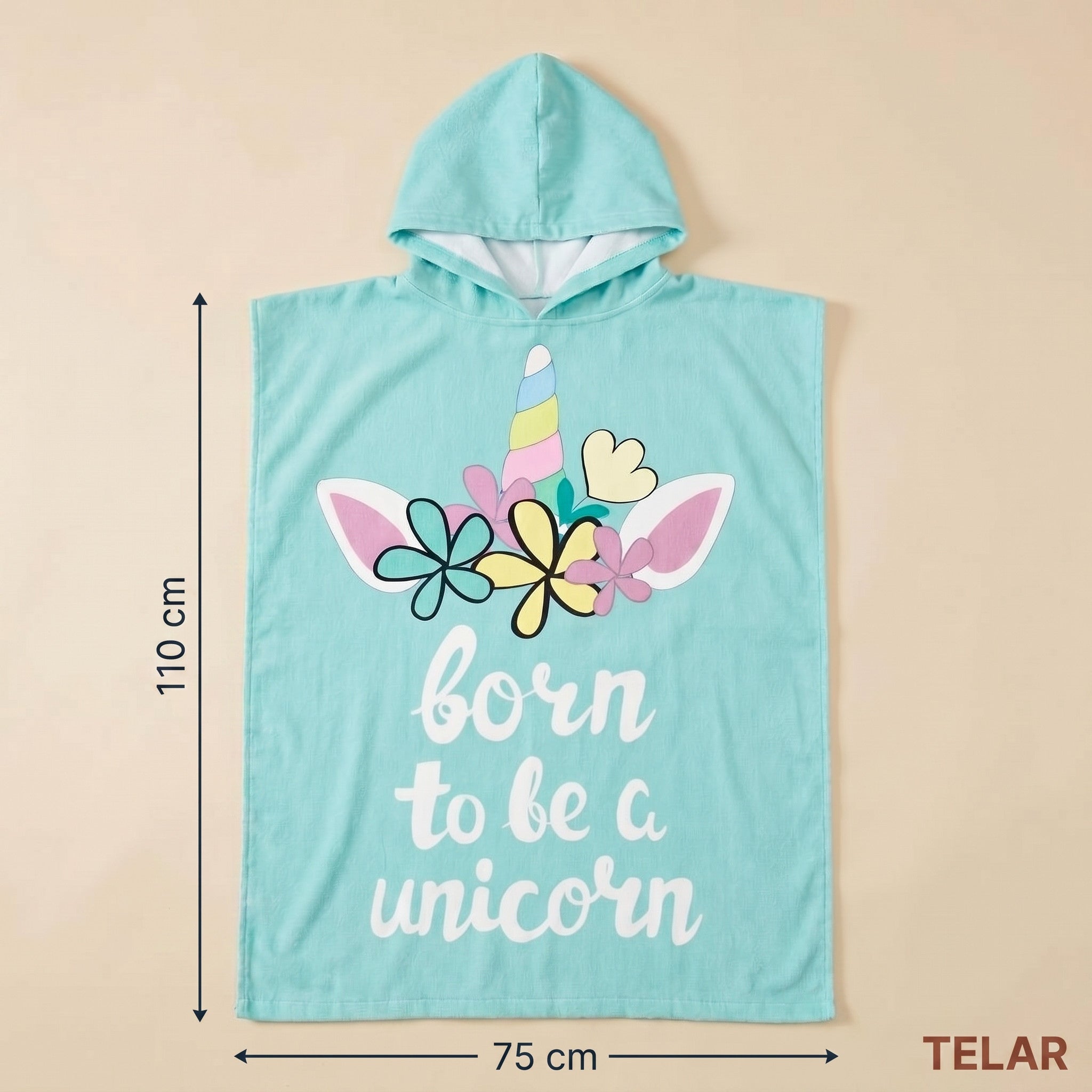 Poncho serviette à capuche adulte Licorne menthe : dimensions 75 x 110 cm