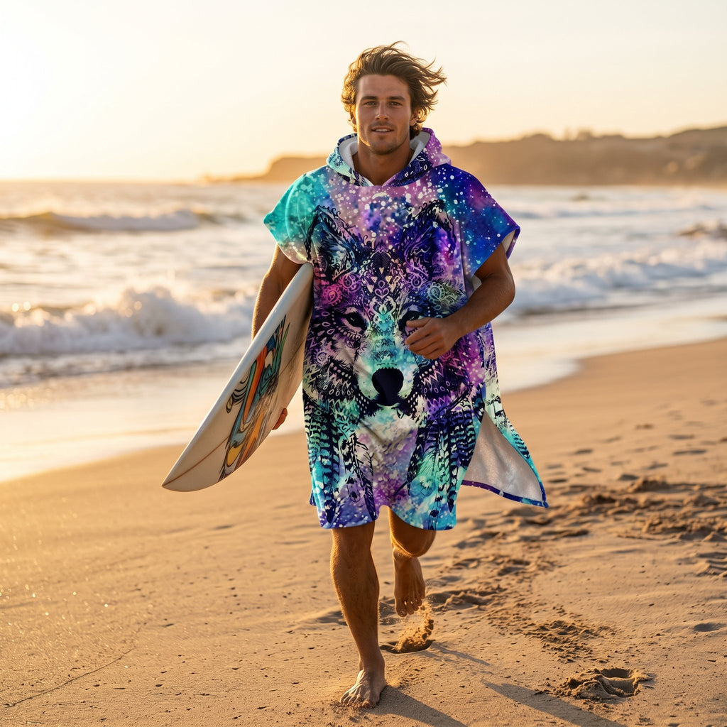 Poncho serviette à capuche adulte Loup galaxie porté à la plage