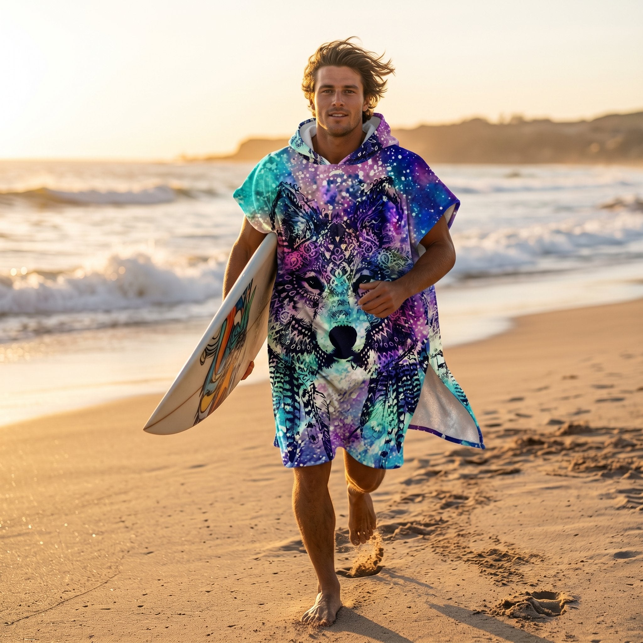 Poncho serviette à capuche adulte Loup galaxie porté à la plage