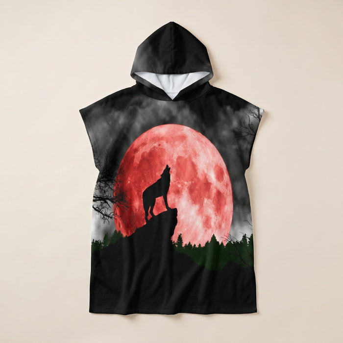 Poncho serviette à capuche adulte Loup lune rouge : vue à plat sur fond crème