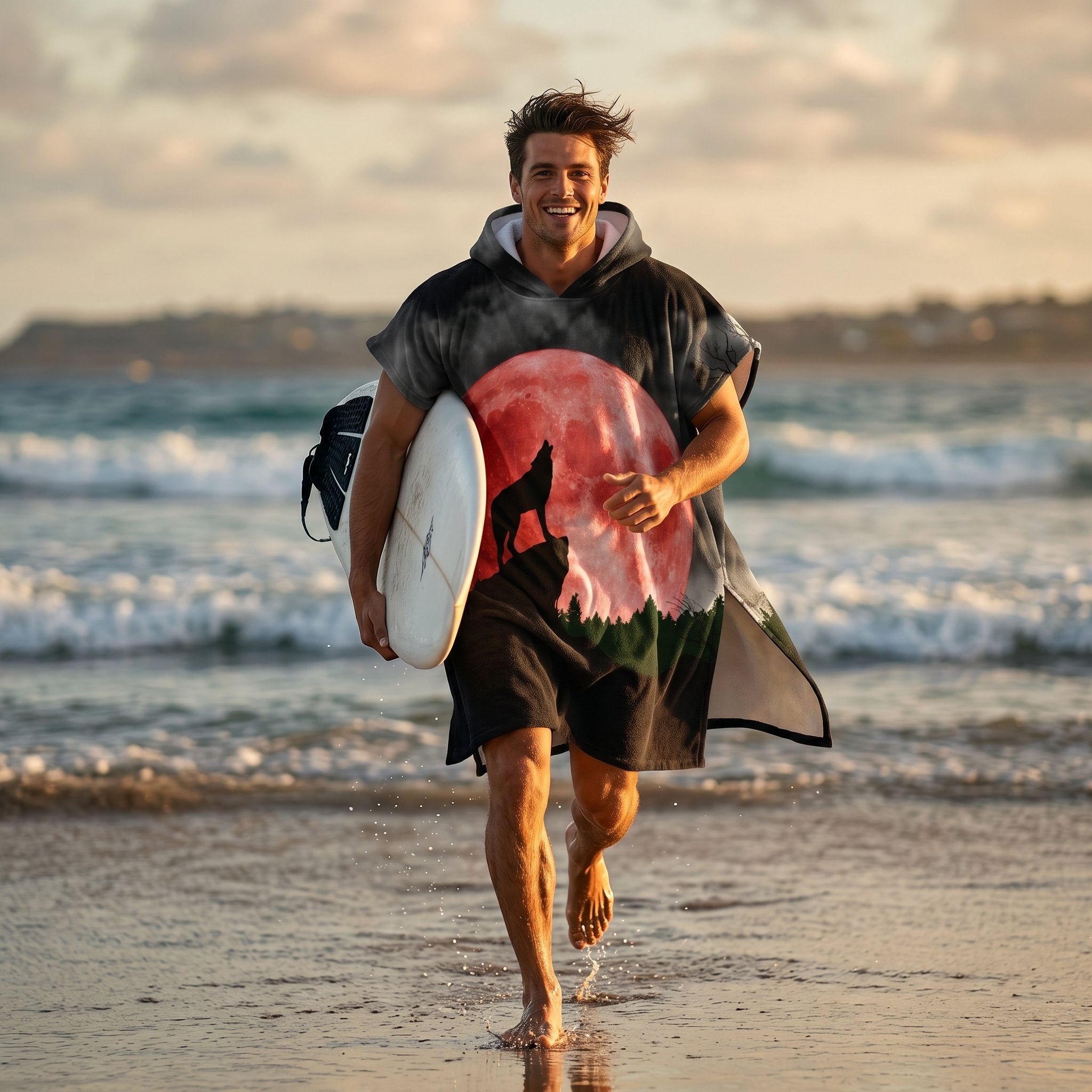 Poncho serviette à capuche adulte Loup lune rouge porté à la plage