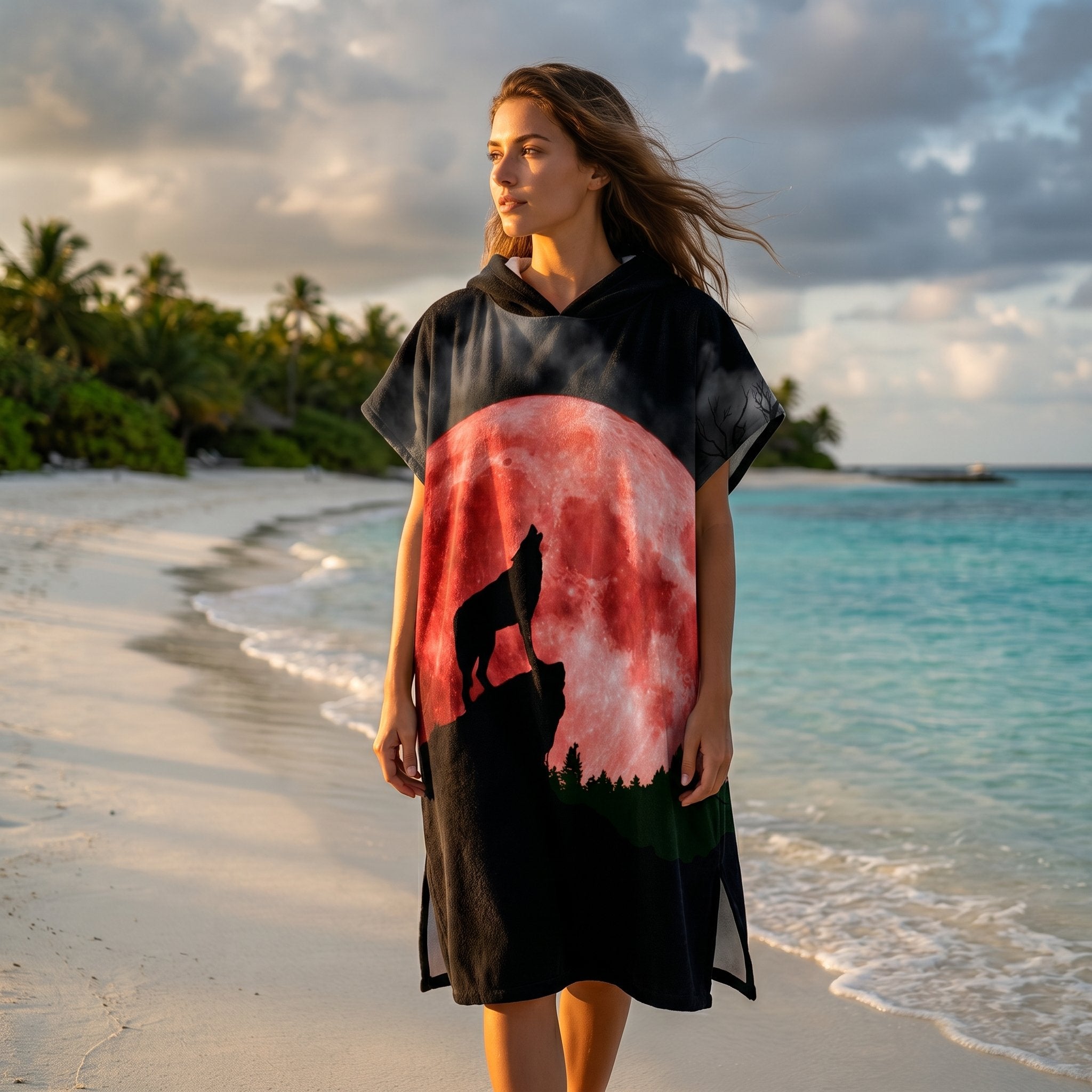 Poncho serviette à capuche adulte Loup lune rouge porté au bord de l'eau