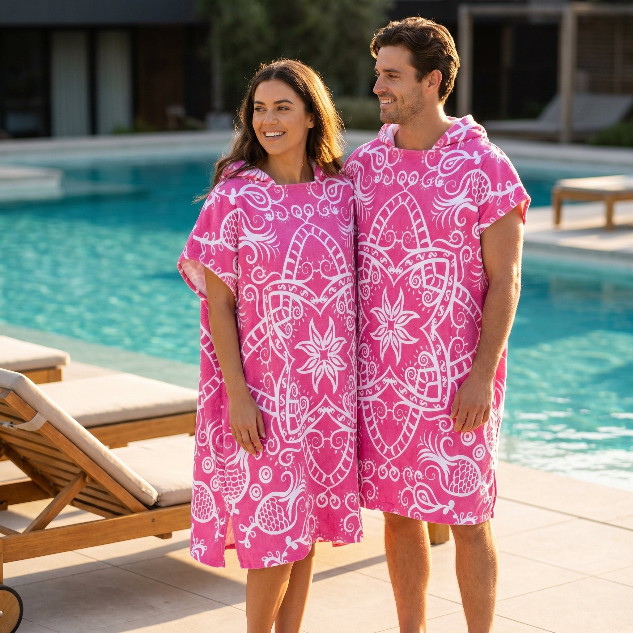 Poncho serviette à capuche adulte Mandala rose porté au bord de la piscine