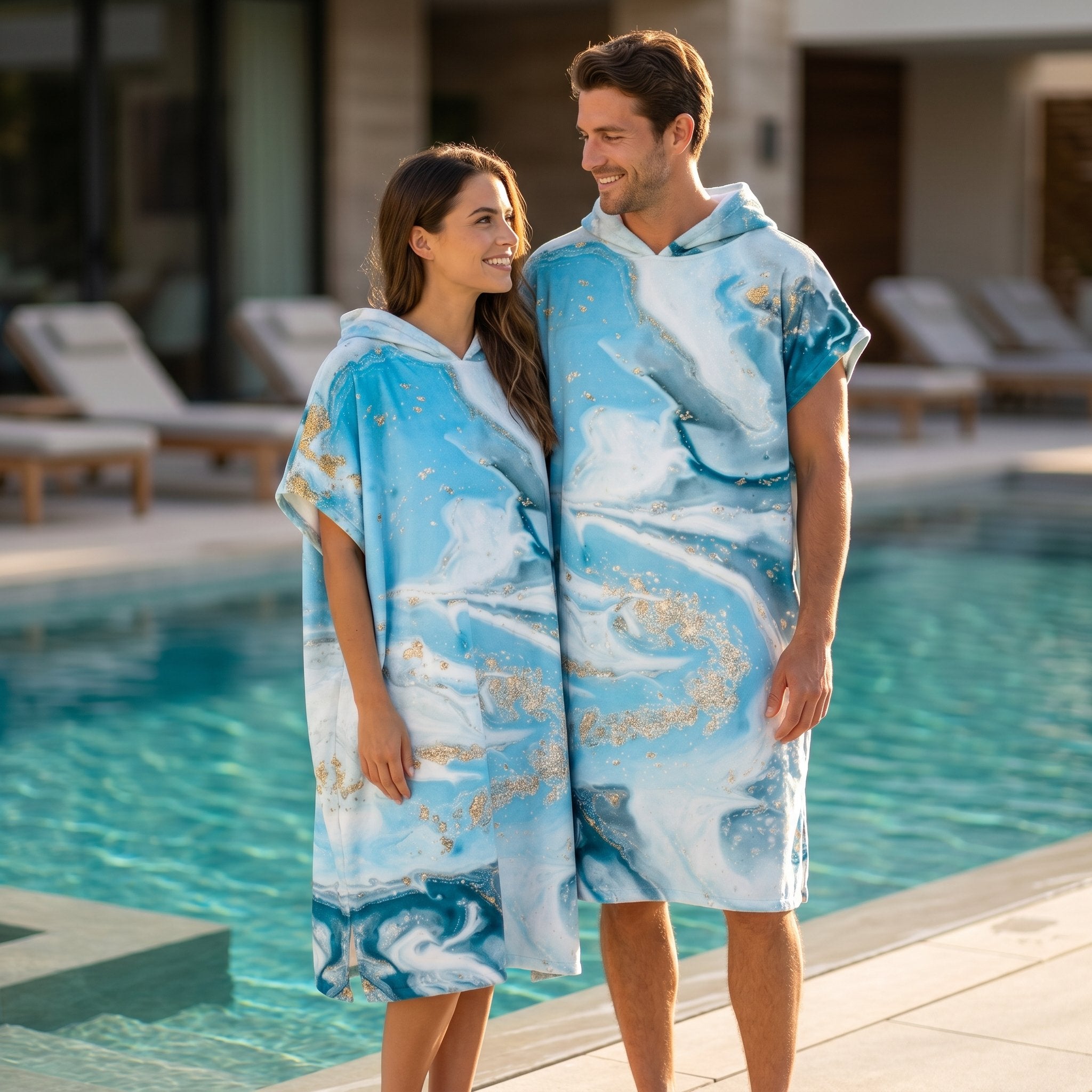 Poncho serviette à capuche adulte Marbre azur doré porté au bord de la piscine