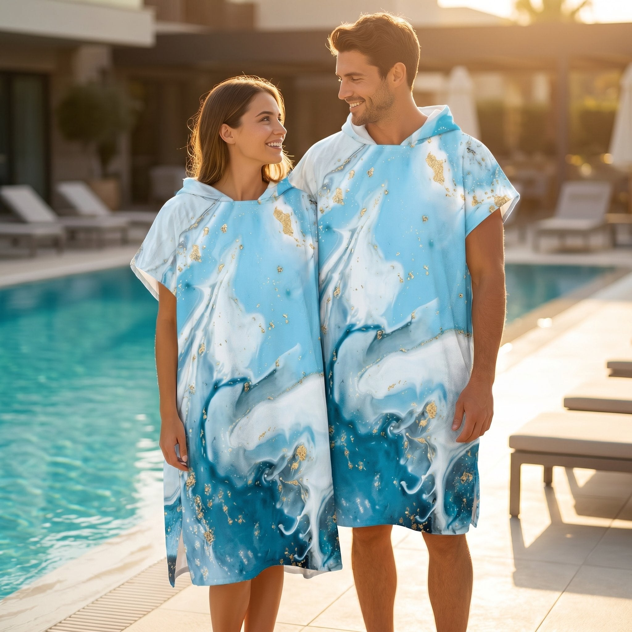 Poncho serviette à capuche adulte Marbre glacier doré porté au bord de la piscine