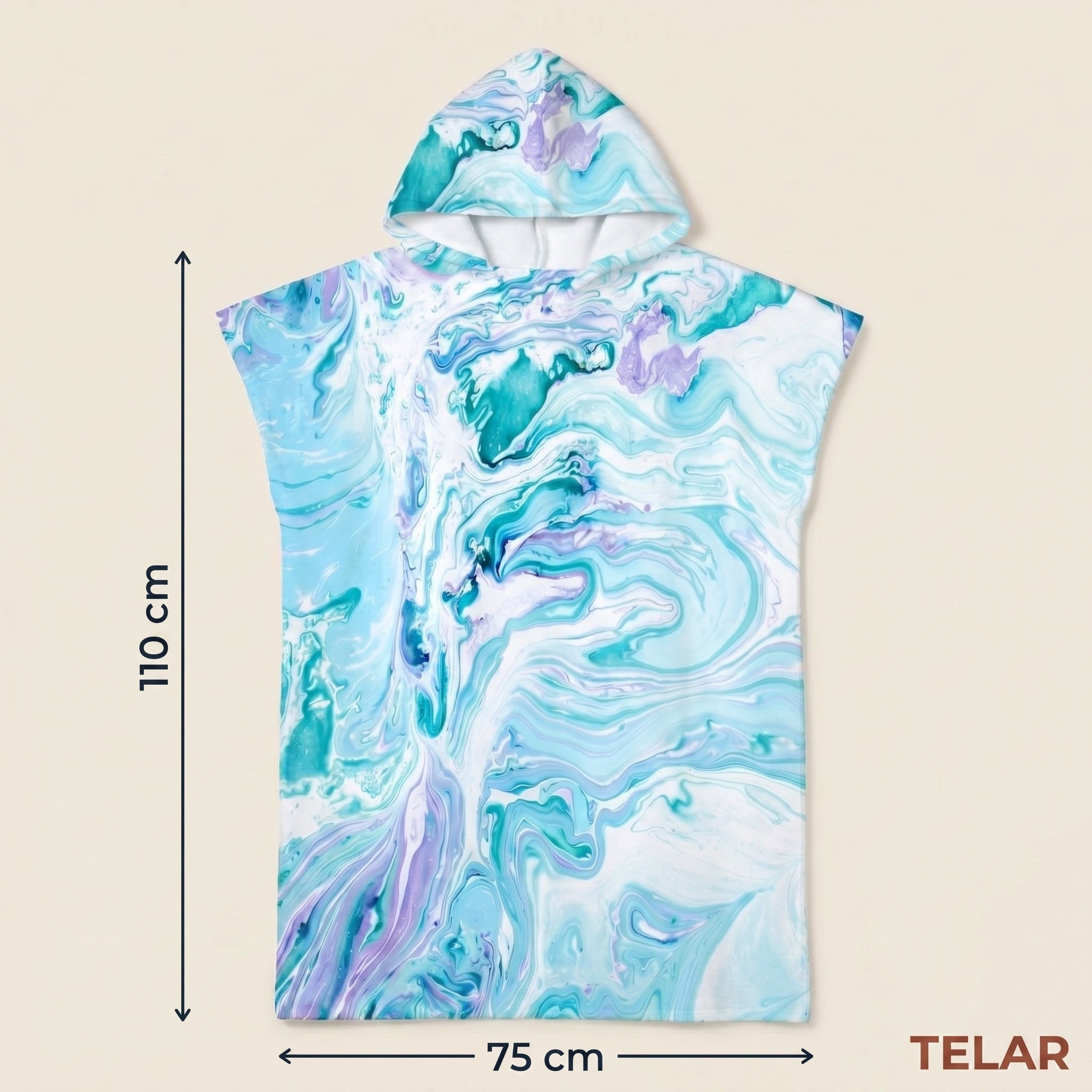 Poncho serviette à capuche adulte Marbre lagon : dimensions 75 x 110 cm