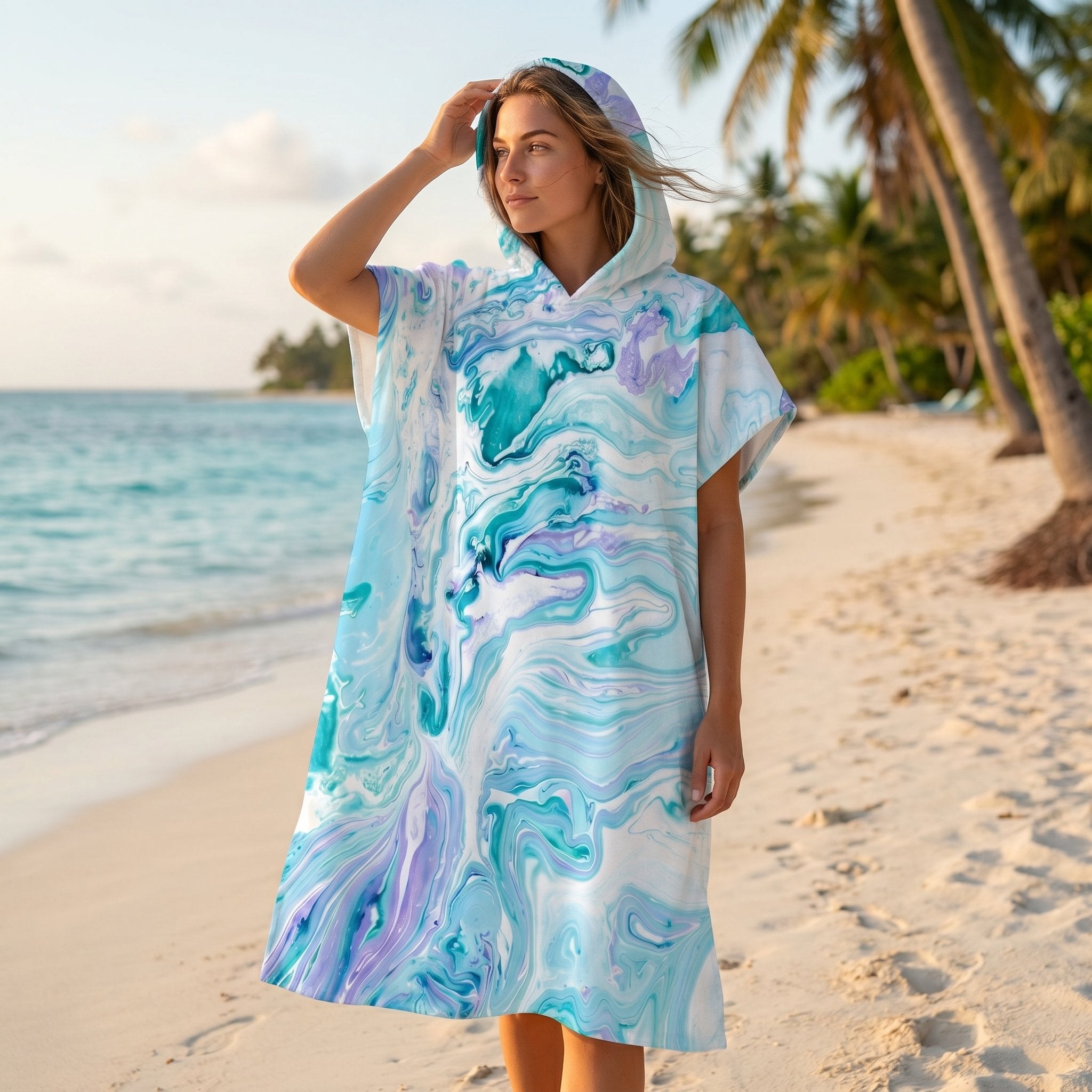 Poncho serviette à capuche adulte Marbre lagon porté au bord de l'eau