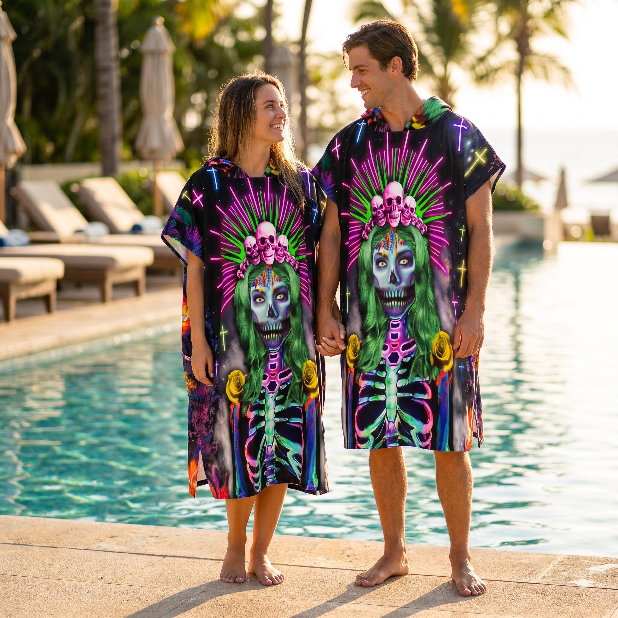 Poncho serviette à capuche adulte Squelette néon porté au bord de la piscine