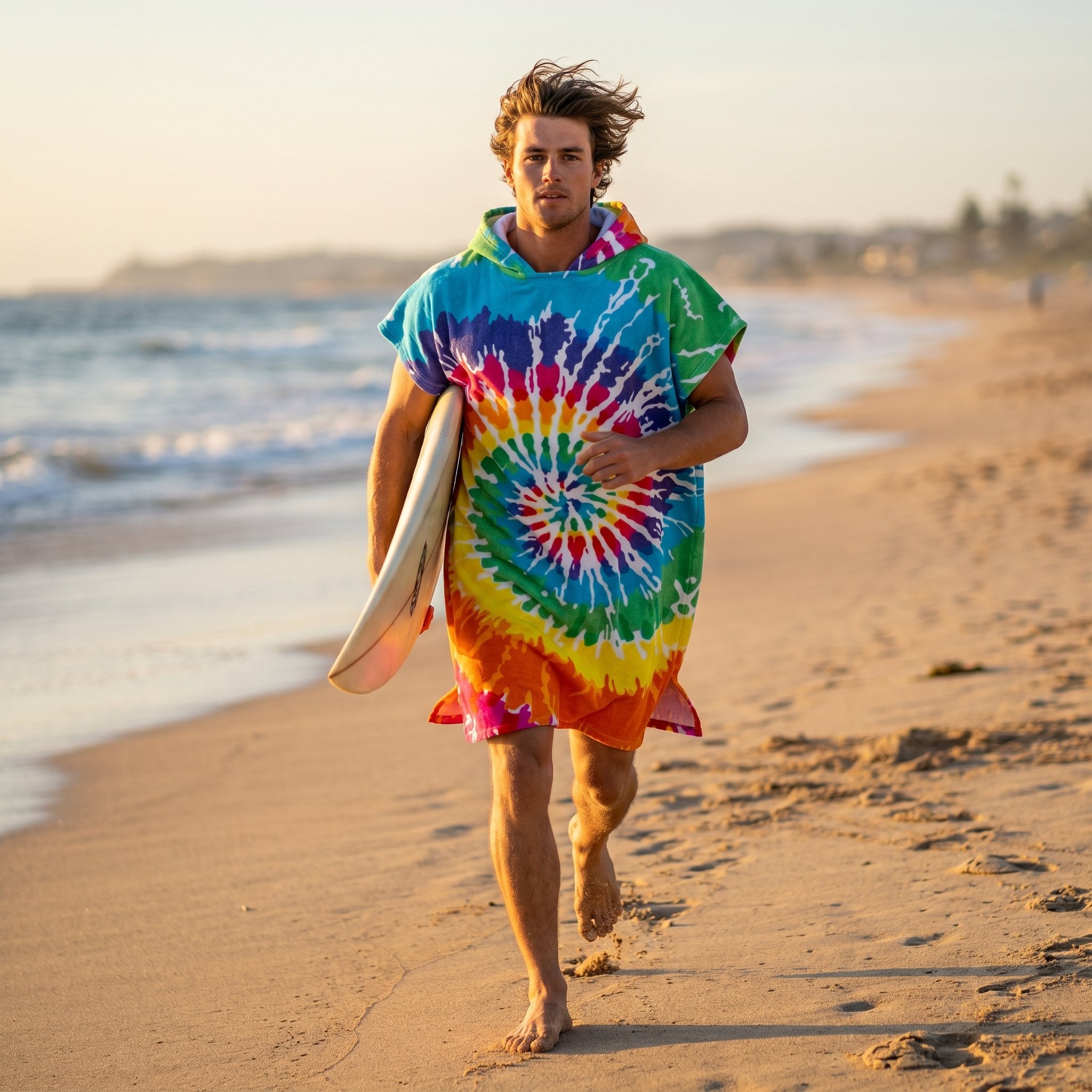 Poncho serviette à capuche adulte Tie-dye arc-en-ciel porté à la plage