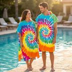 Poncho serviette à capuche adulte Tie-dye arc-en-ciel porté au bord de la piscine