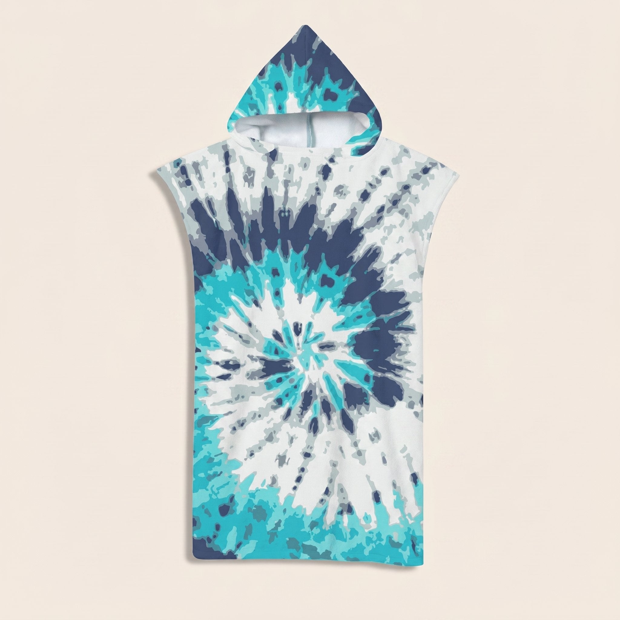 Poncho serviette à capuche adulte Tie-dye océan : vue à plat sur fond crème