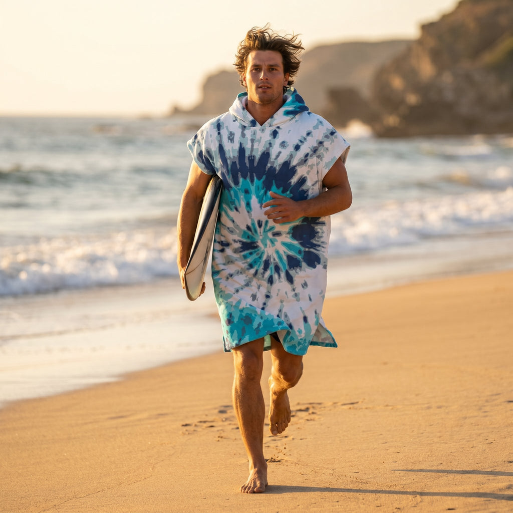Poncho serviette à capuche adulte Tie-dye océan porté à la plage
