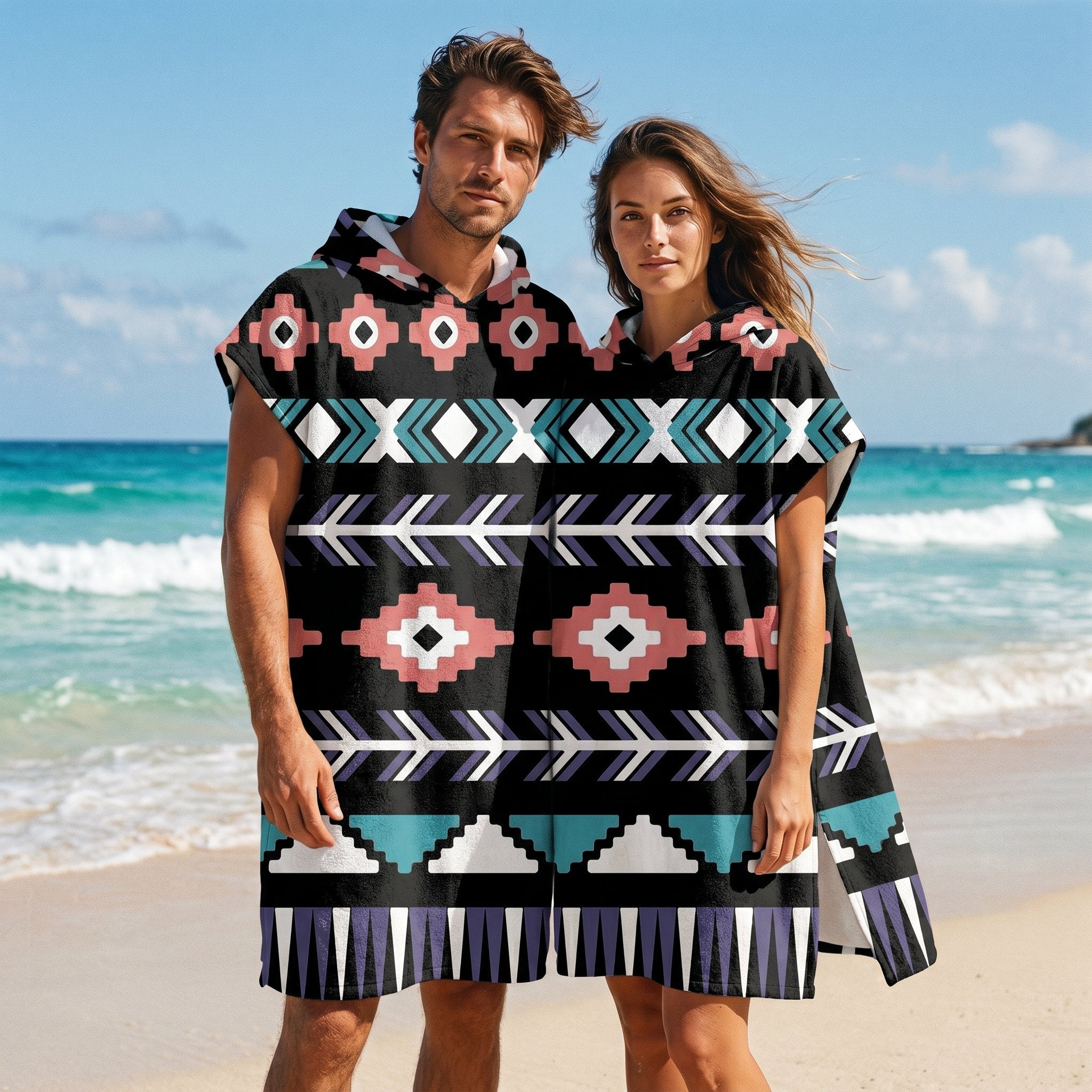 Poncho serviette a capuche motif aztèque rose et turquoise, porté par un homme et une femme, debout face à la mer.