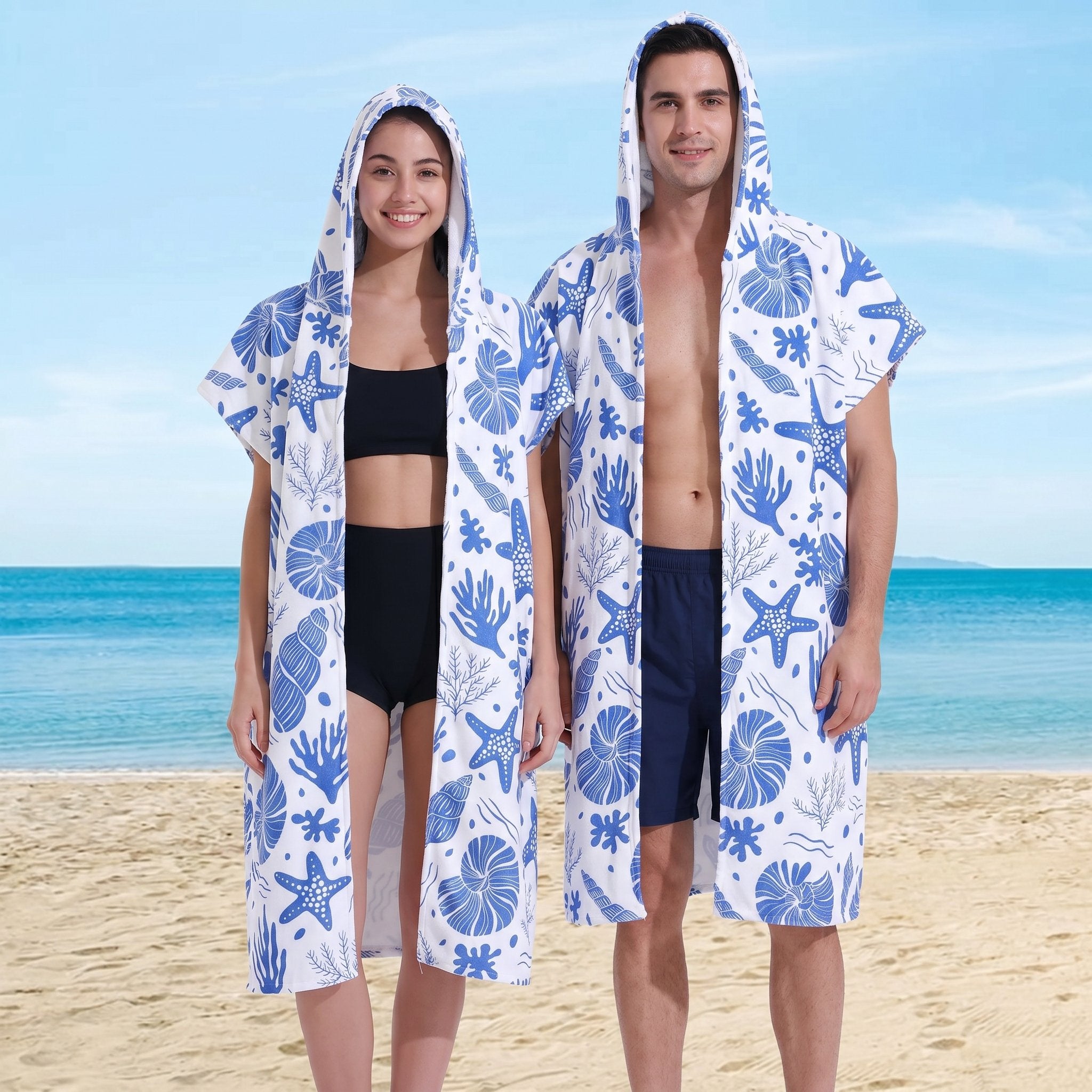 Poncho serviette à capuche motif coquillages bleus, porté ouvert par un couple souriant sur une plage ensoleillée.
