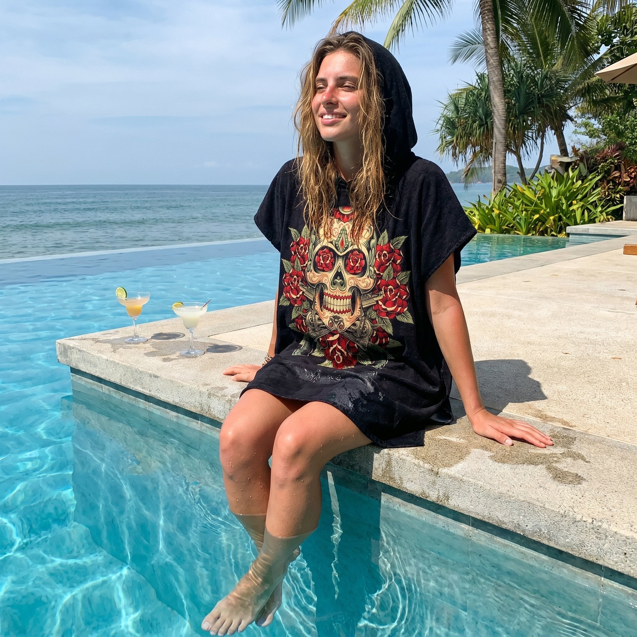 Poncho serviette à capuche motif crâne aux roses rouges, porté par une femme assise au bord d'une piscine.
