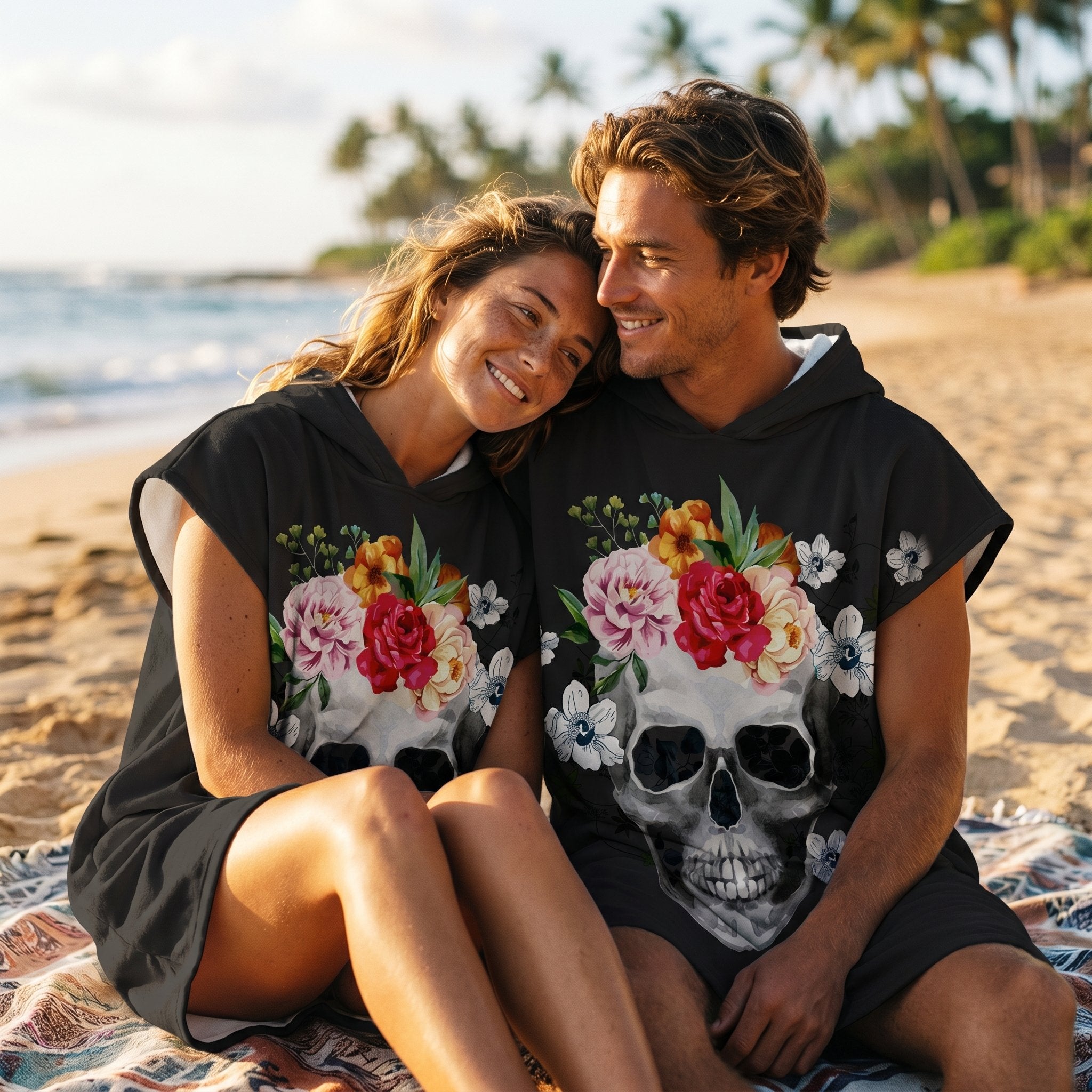 Poncho serviette à capuche motif crâne couronne de fleurs, porté par un couple souriant assis sur la plage.
