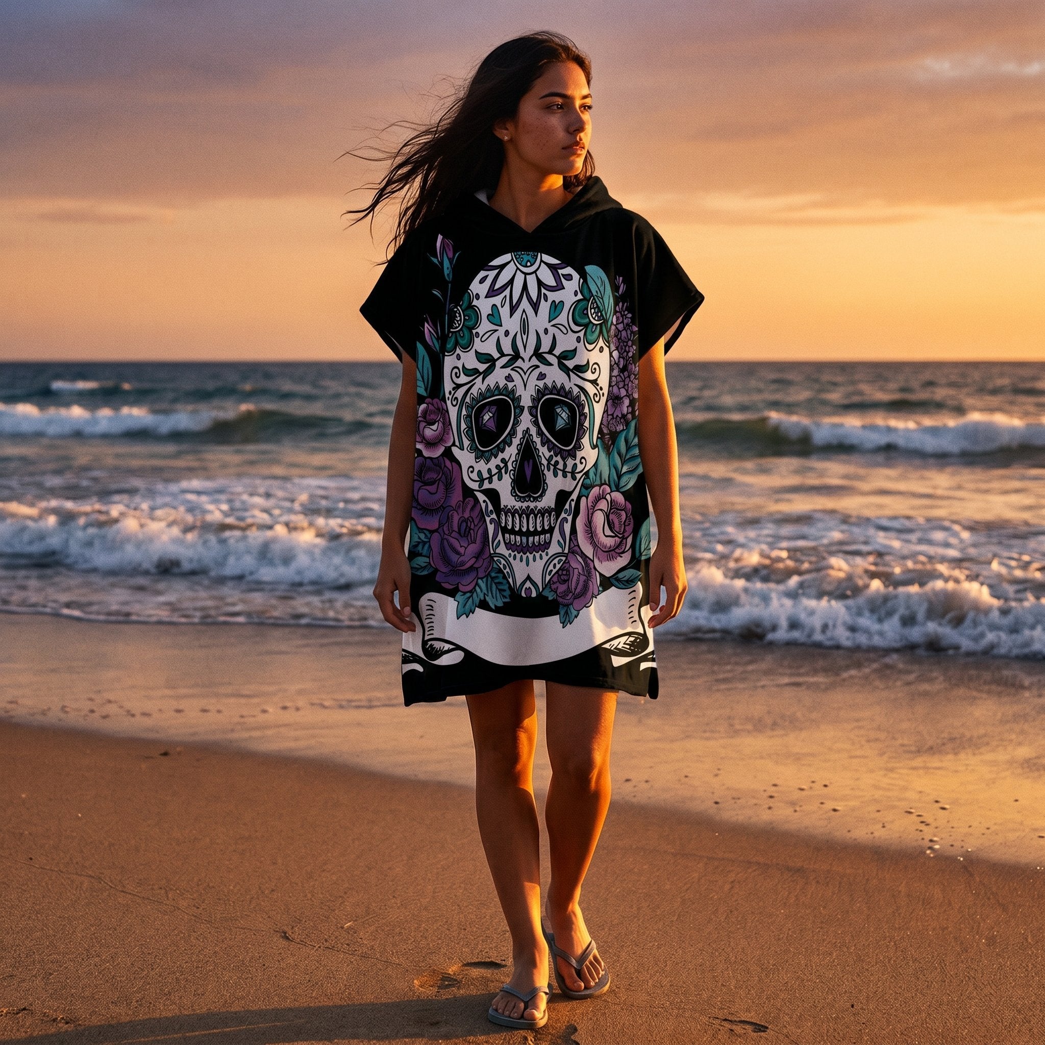 Poncho serviette a capuche motif crâne et roses violettes, porté par une femme marchant sur une plage au soleil couchant.
