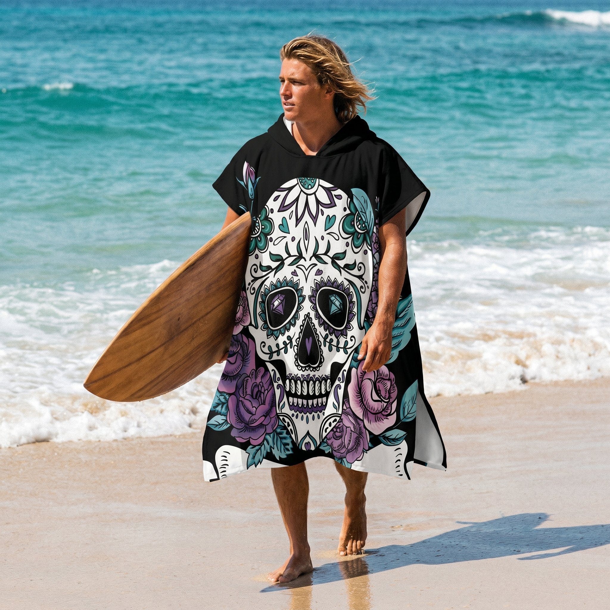Poncho serviette a capuche motif crâne et roses violettes, porté par un homme sortant de l'eau avec sa planche de surf.
