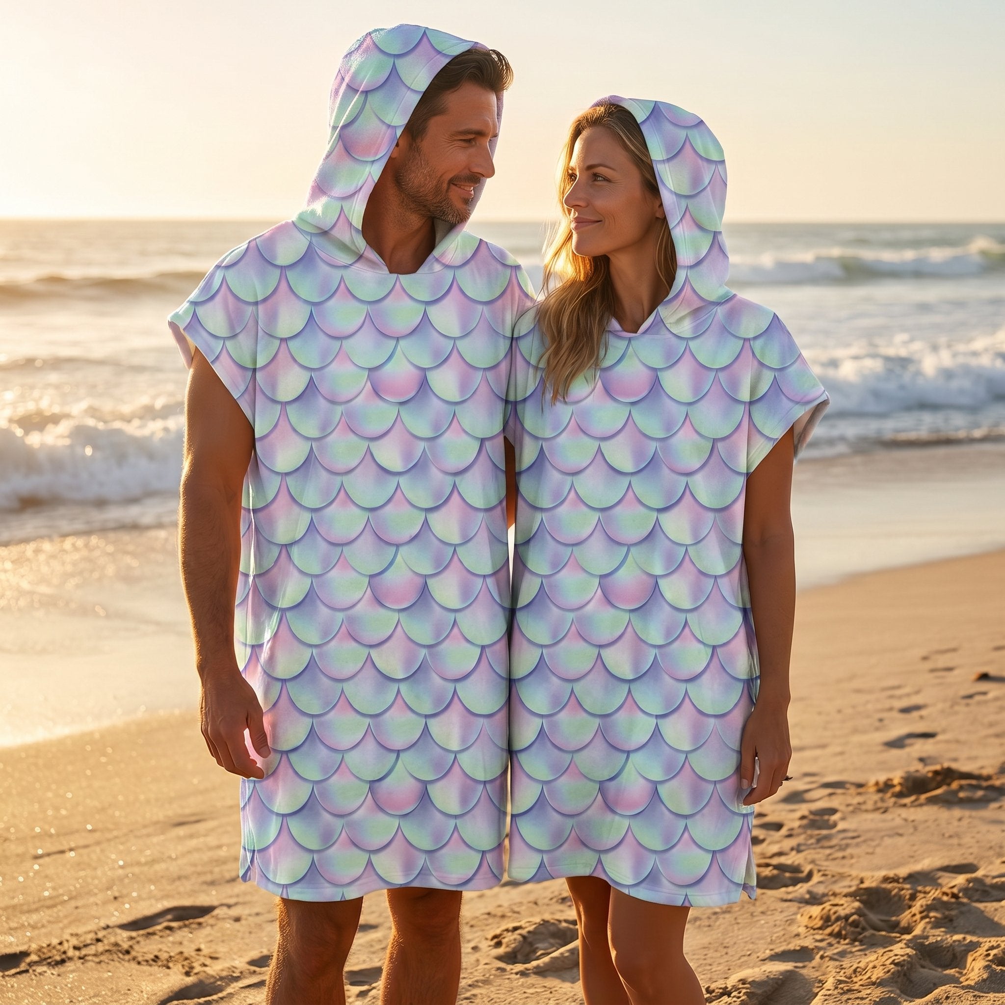 Poncho serviette a capuche motif écailles lilas, porté par un couple souriant sur une plage au coucher du soleil.