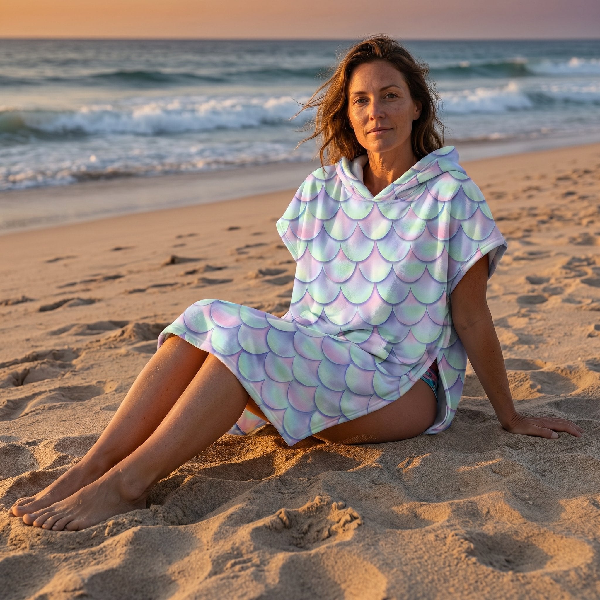 Poncho serviette a capuche motif écailles lilas, porté par une femme assise sur le sable face à la mer.