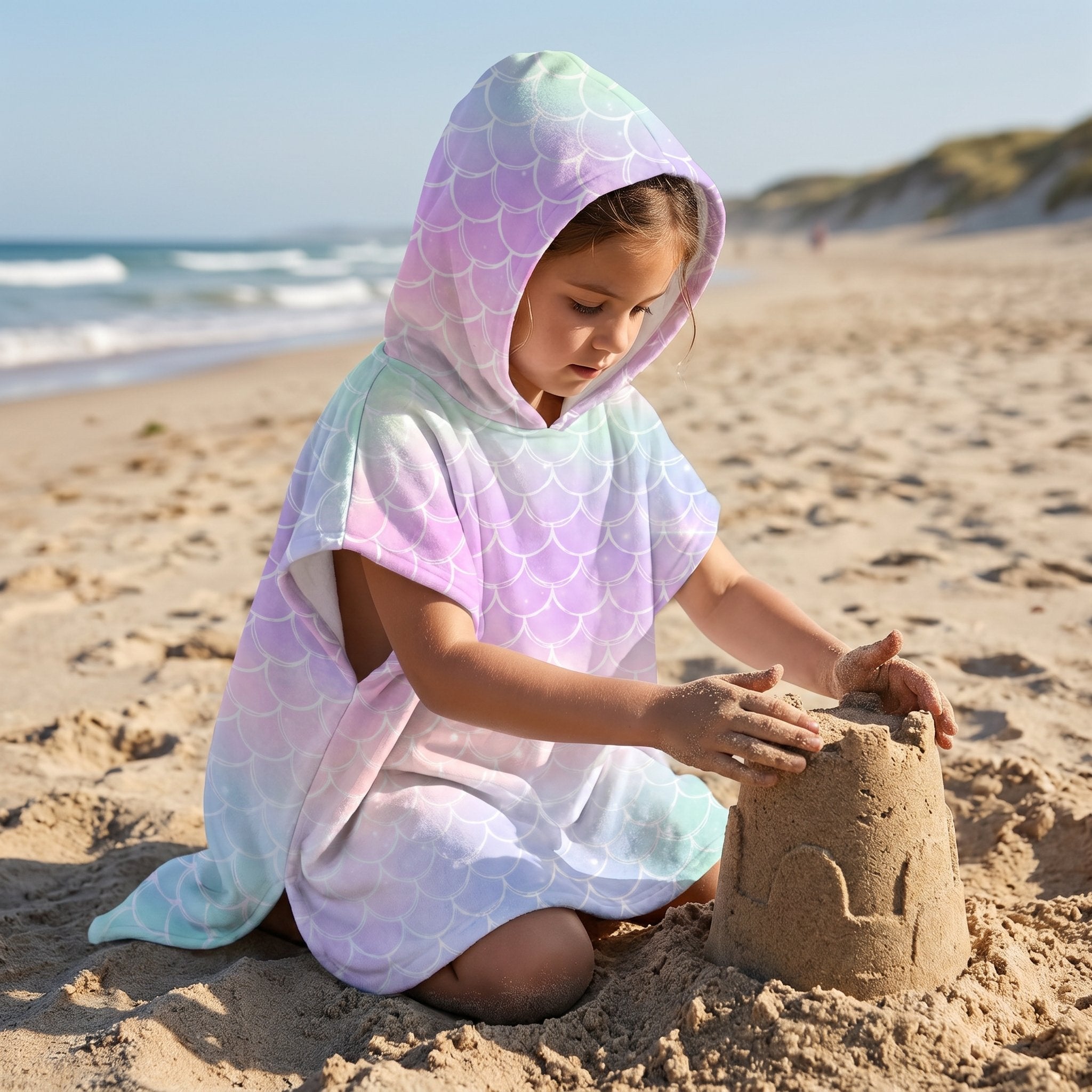 Poncho serviette a capuche motif écailles arc-en-ciel pastel, porté par une enfant construisant un château de sable.