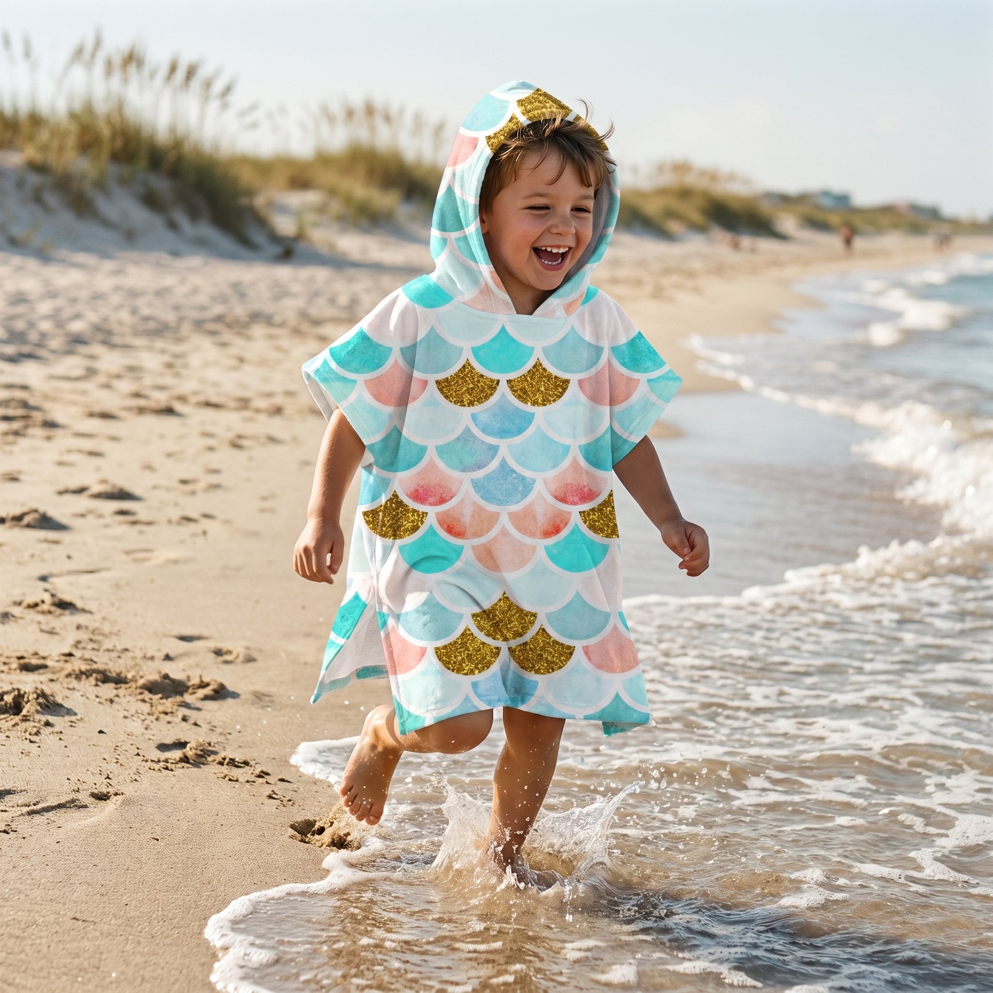 Poncho serviette a capuche motif écailles menthe et corail, porté par un garçon rieur courant dans les vagues sur la plage.