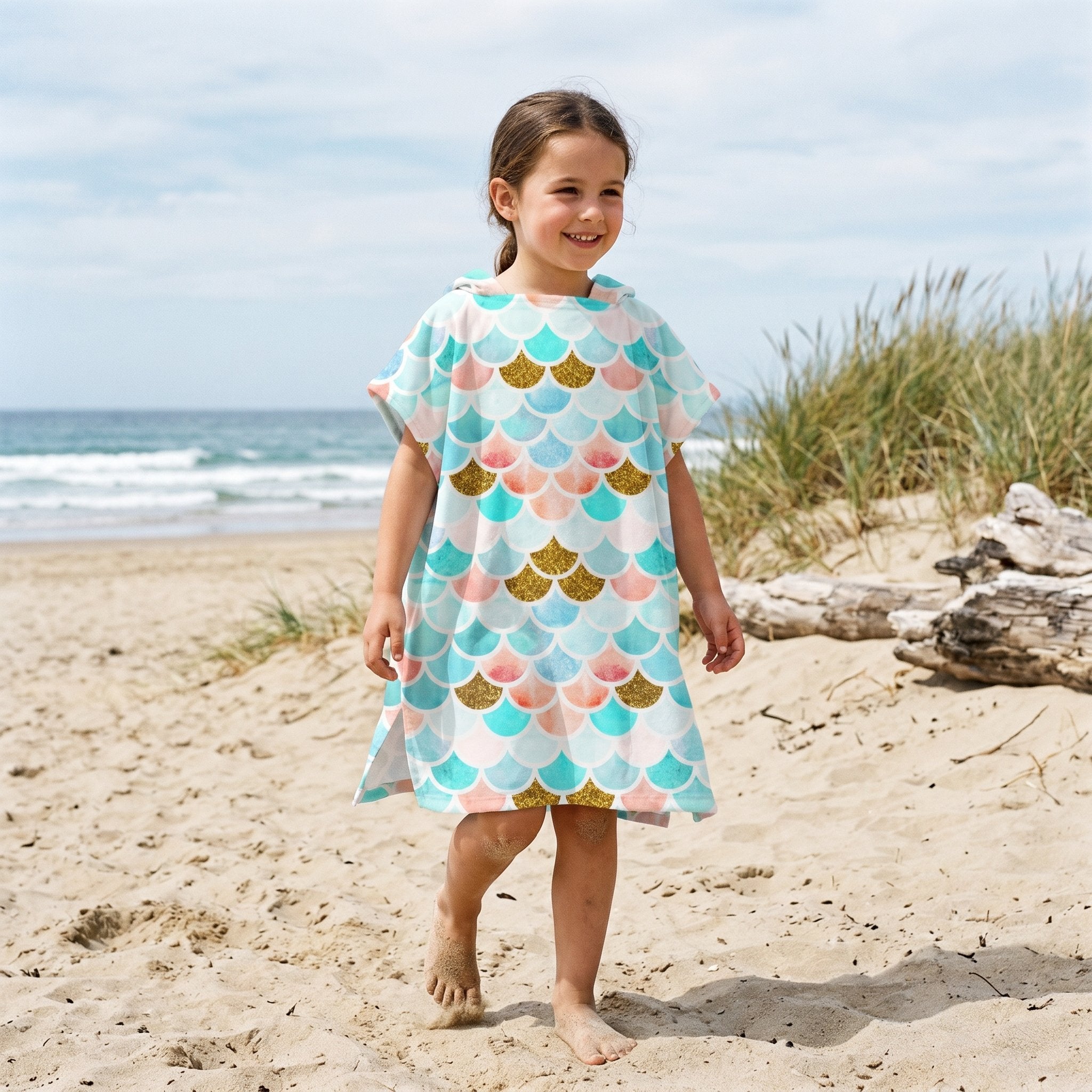 Poncho serviette a capuche motif écailles menthe et corail, porté par une fille souriante, debout sur le sable de la plage.