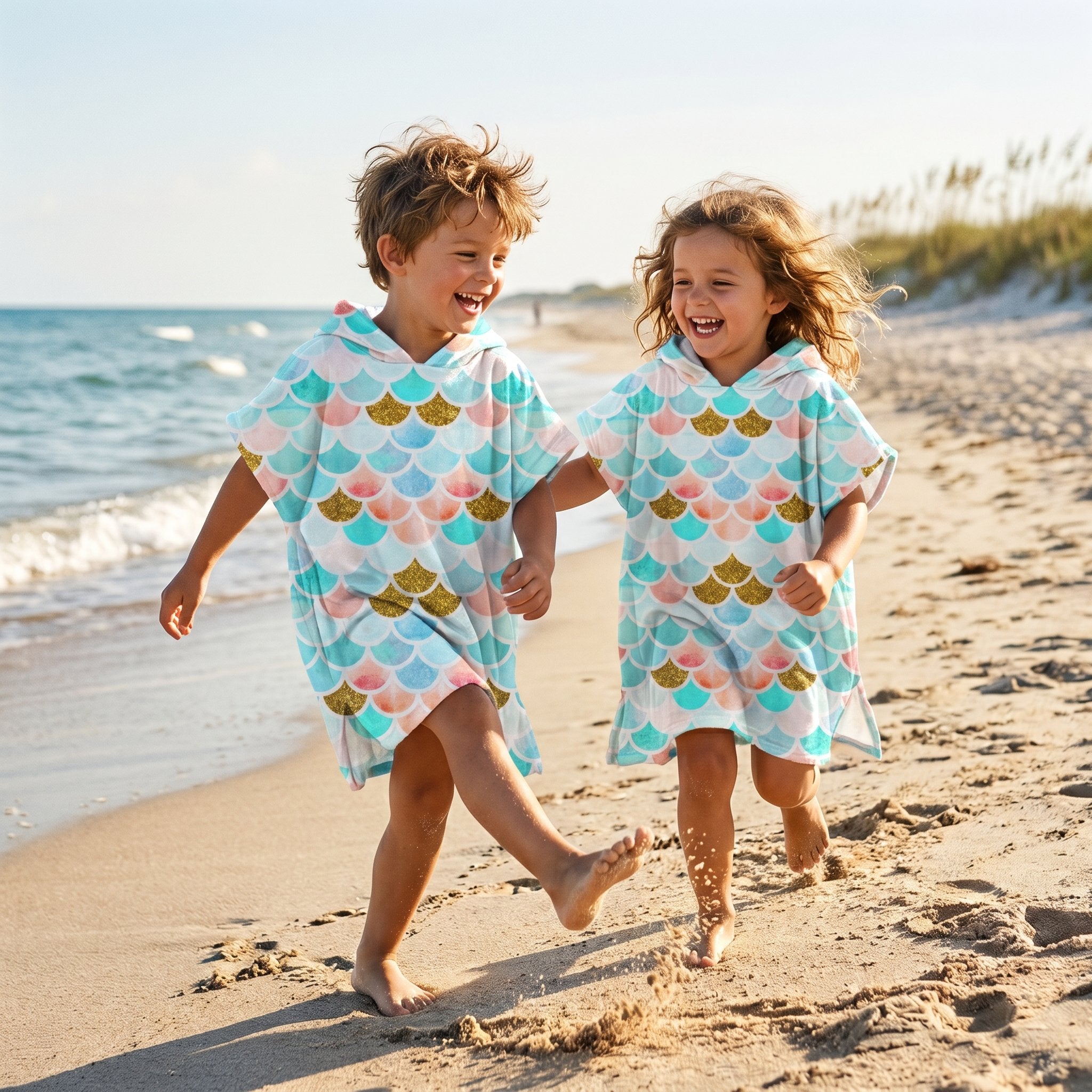 Poncho serviette a capuche motif écailles menthe et corail, porté par deux enfants joyeux courant sur le bord de mer.