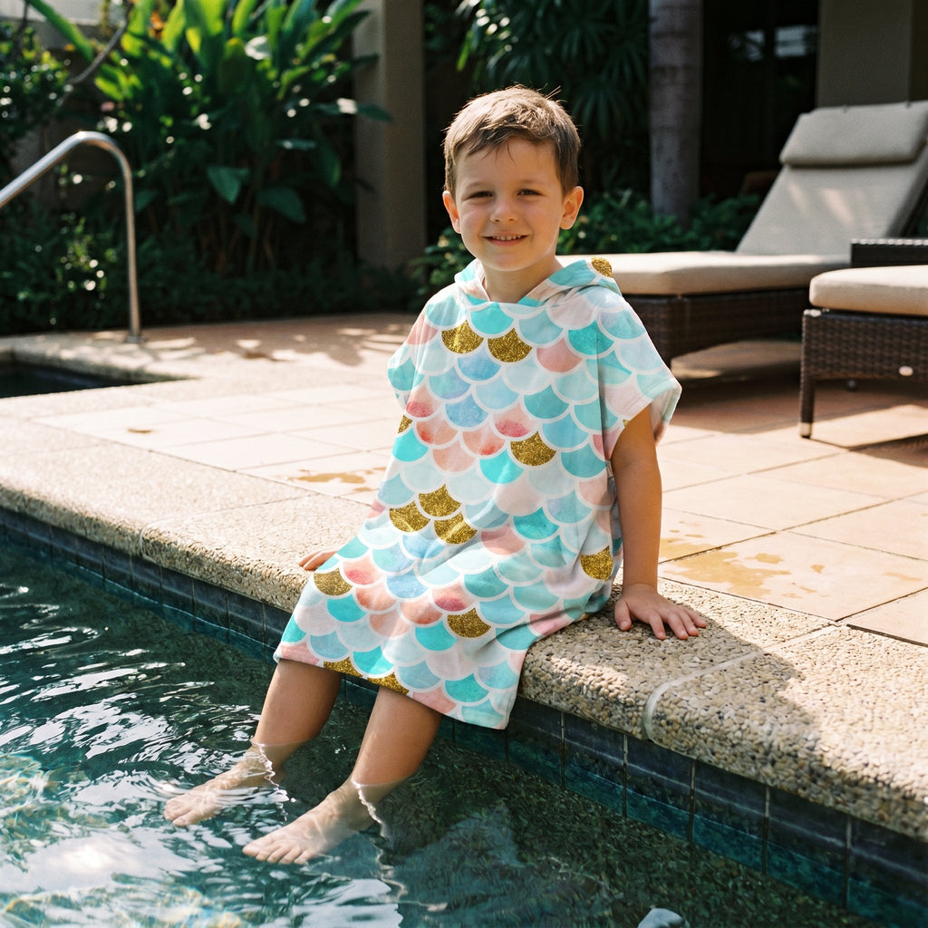 Poncho serviette a capuche motif écailles menthe et corail, porté par un garçon souriant, assis au bord d'une piscine.