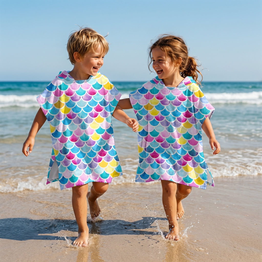 Poncho serviette à capuche motif écailles multicolores, porté par deux enfants souriants marchant dans l'eau.