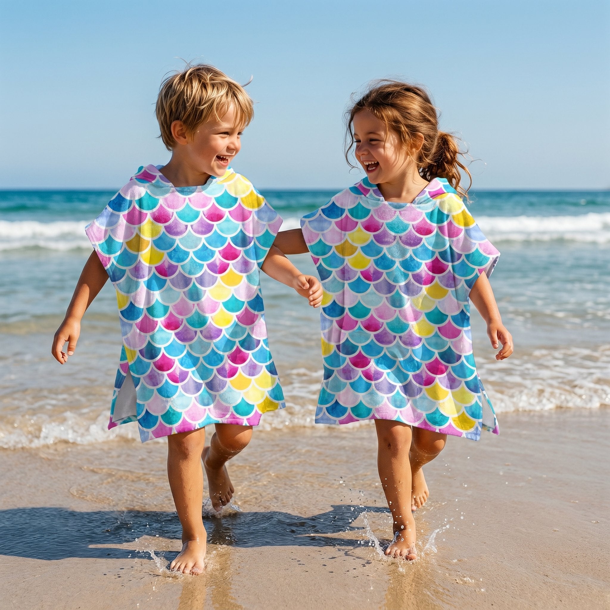 Poncho serviette à capuche motif écailles multicolores, porté par deux enfants souriants marchant dans l'eau.