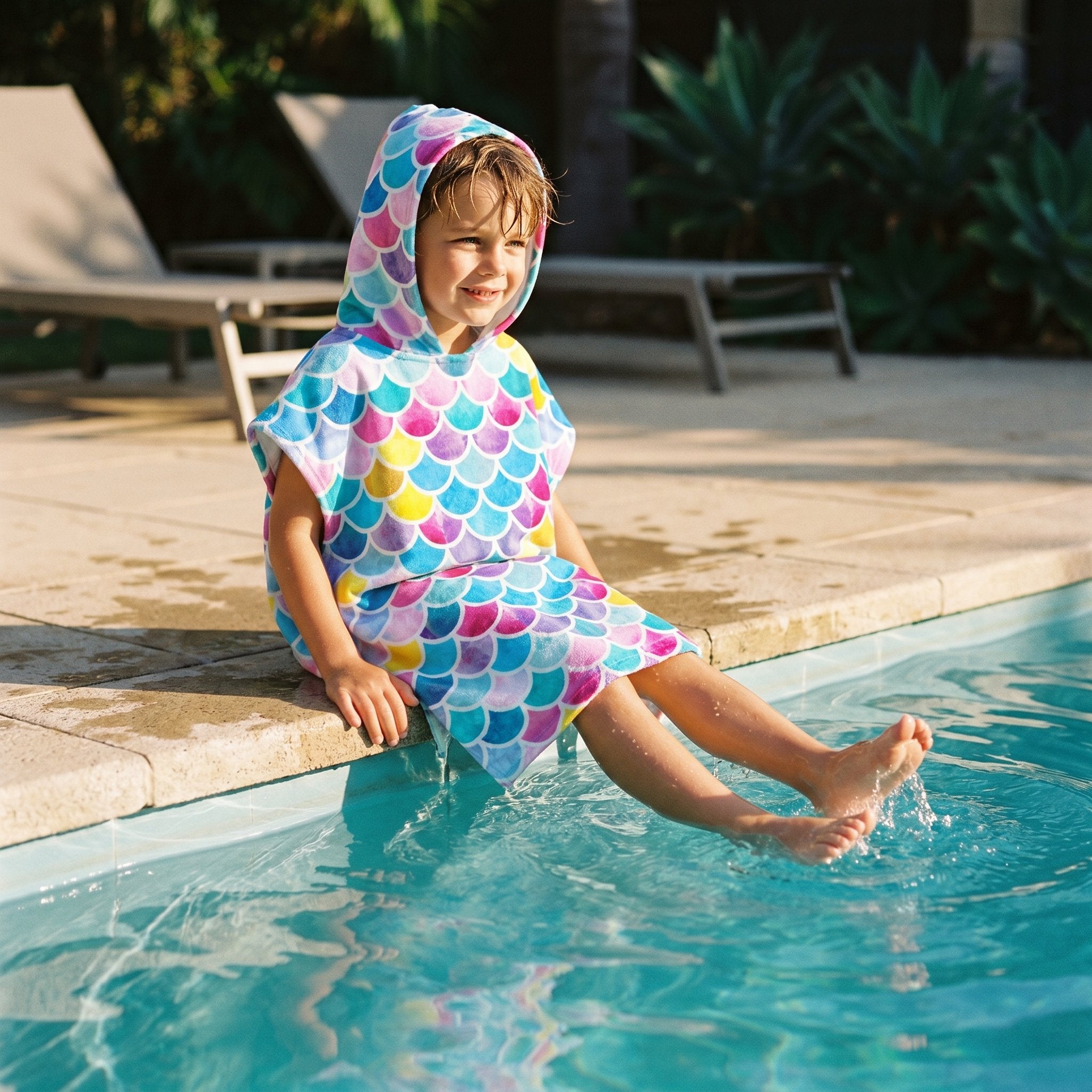 Poncho serviette à capuche motif écailles multicolores, porté par un enfant assis au bord d'une piscine.