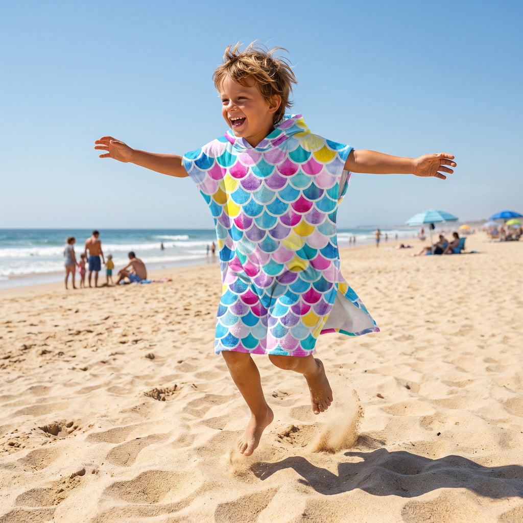 Poncho serviette à capuche motif écailles multicolores, porté par un enfant sautant joyeusement sur le sable.