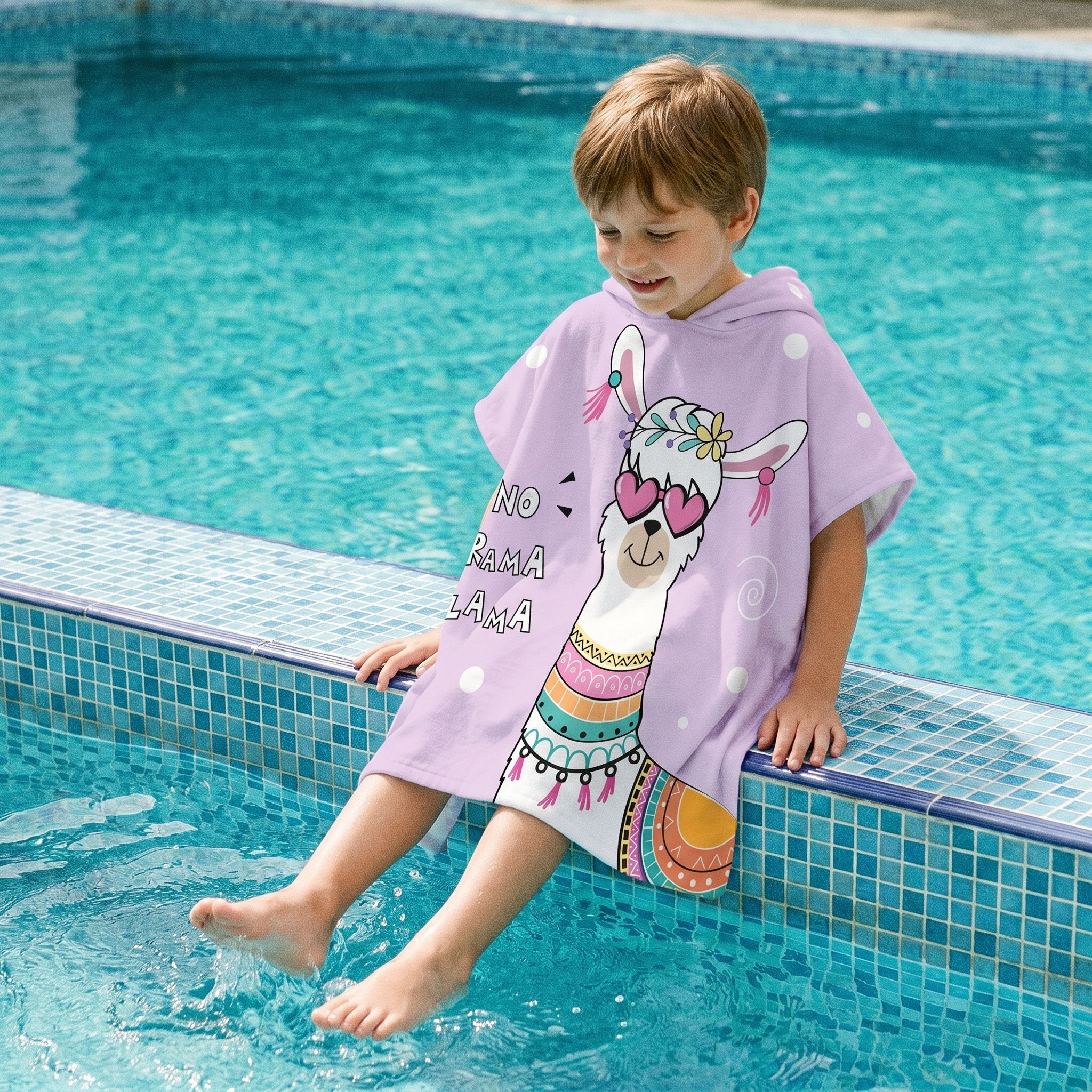 Poncho serviette a capuche motif Lama à lunettes, porté par un garçon assis au bord d'une piscine.
