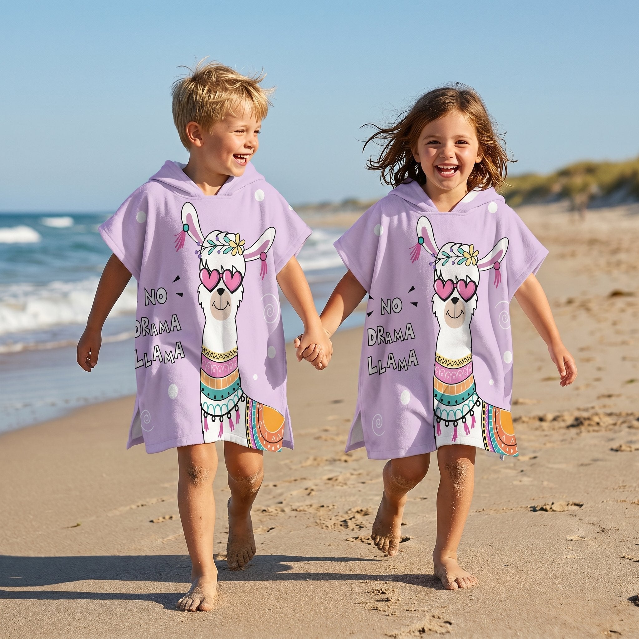 Poncho serviette a capuche motif Lama à lunettes, porté par deux enfants courant main dans la main sur la plage.