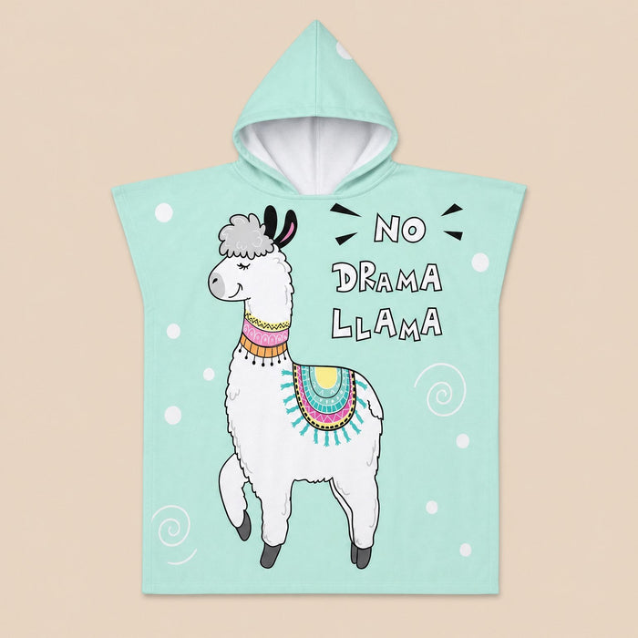 Poncho serviette à capuche motif lama menthe, présenté à plat sur un fond uni clair.