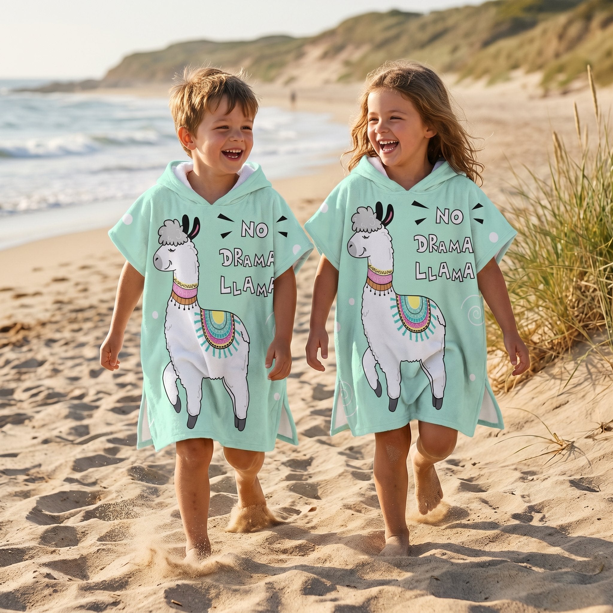 Poncho serviette à capuche motif lama menthe, porté par deux enfants marchant côte à côte sur la plage.