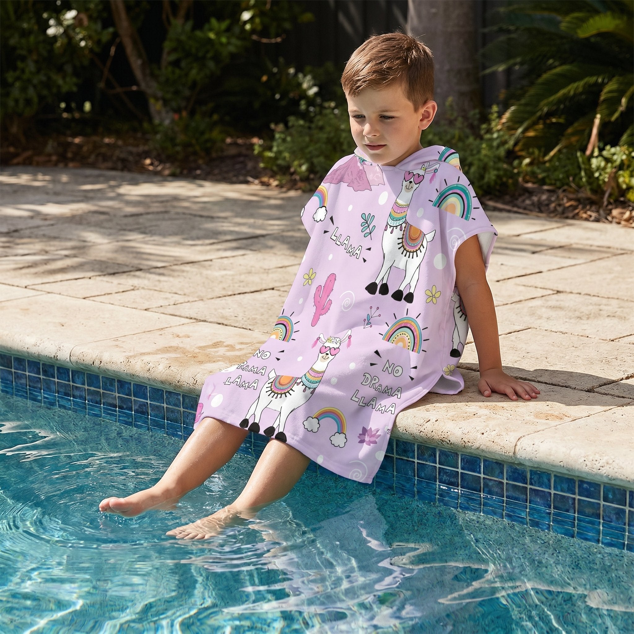 Poncho serviette a capuche motif lamas et arcs-en-ciel, porté par un enfant assis au bord de la piscine.