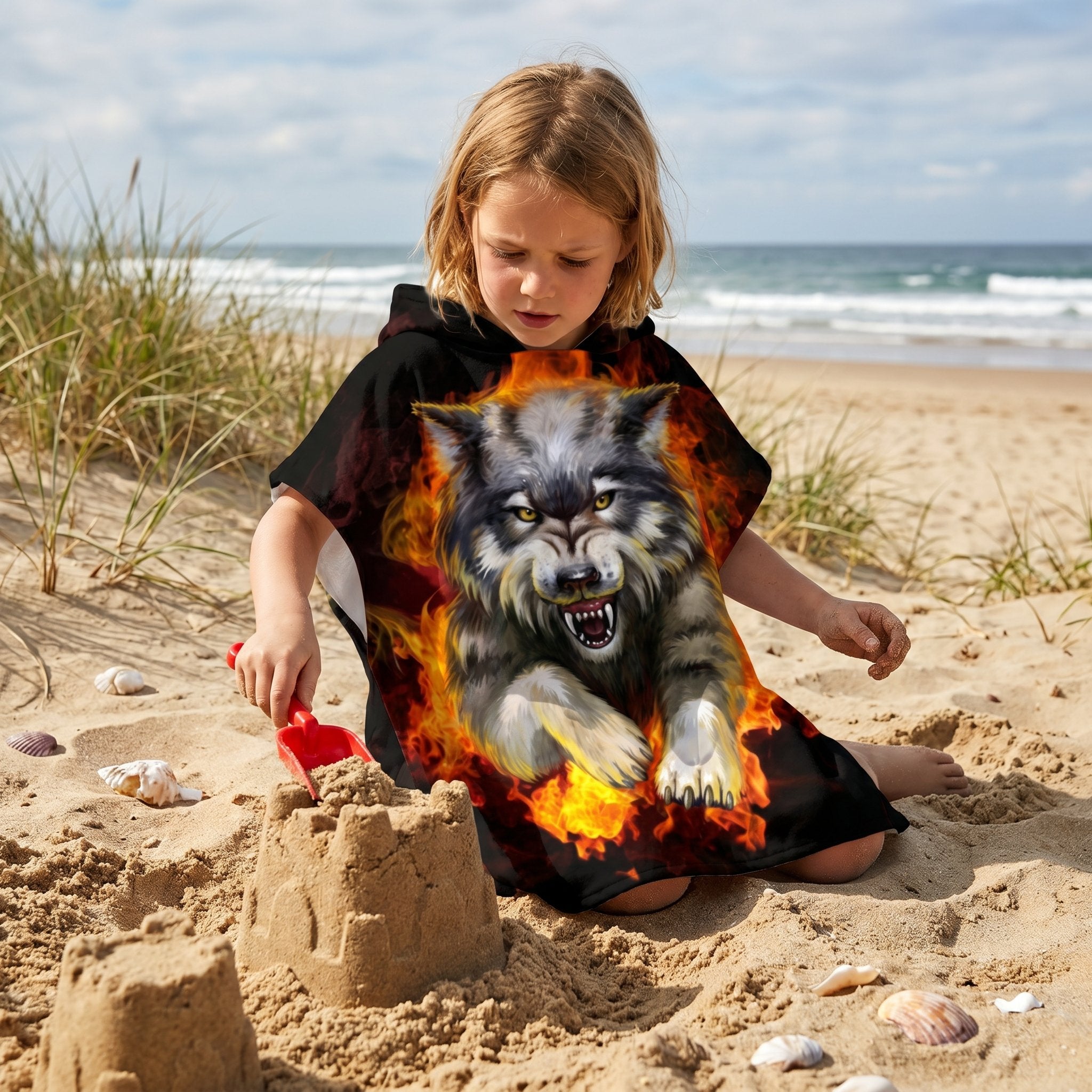 Poncho serviette a capuche motif Loup de feu, porte par une enfant jouant dans le sable.