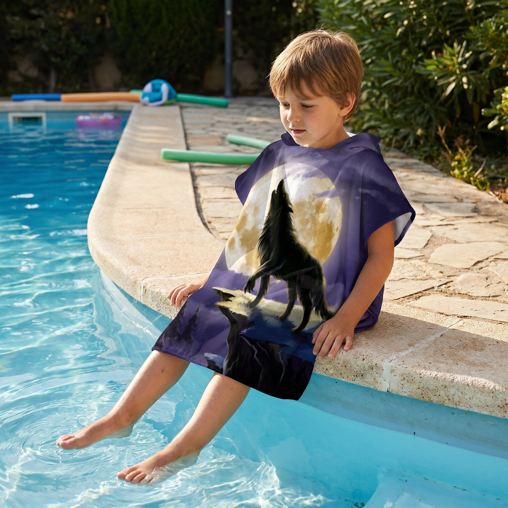 Poncho serviette a capuche motif loup lune violette, porte par un enfant assis au bord d'une piscine.