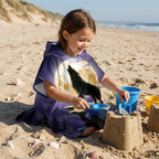 Poncho serviette a capuche motif loup lune violette, porte par une enfant assise jouant dans le sable.