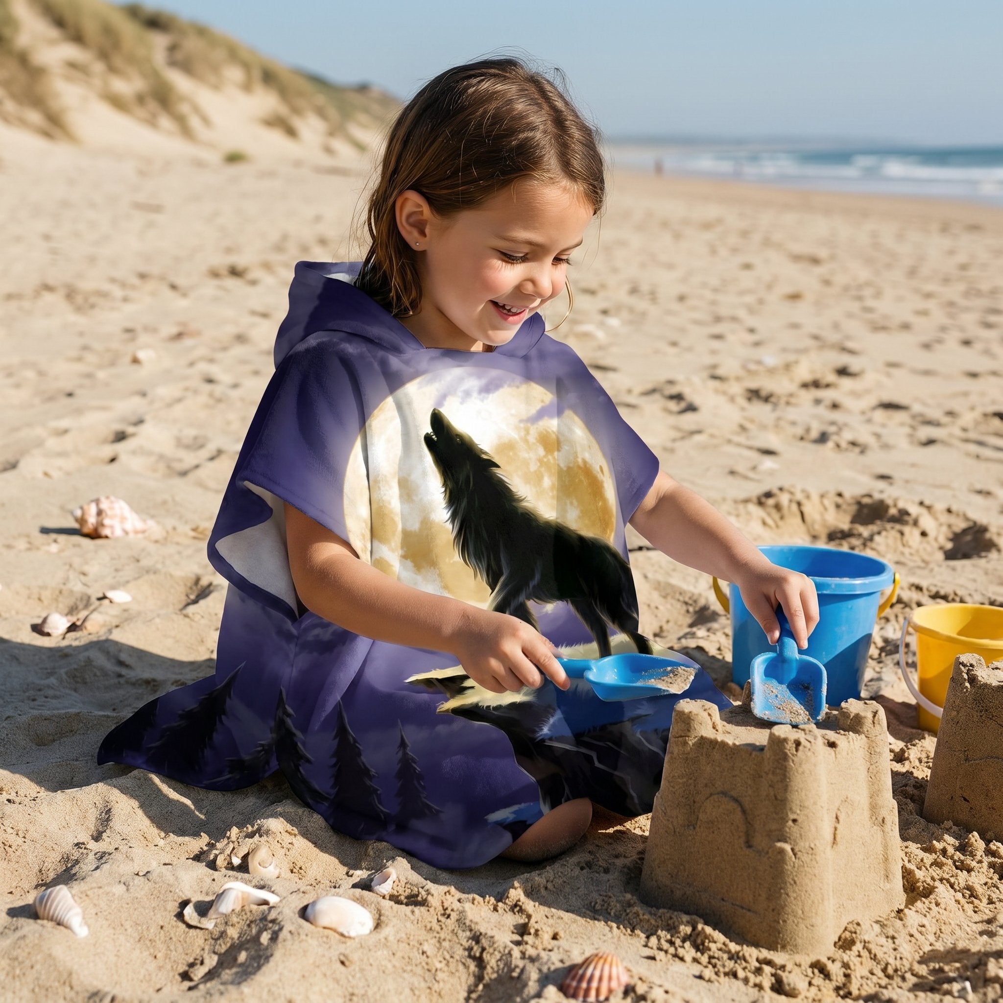 Poncho serviette a capuche motif loup lune violette, porte par une enfant assise jouant dans le sable.